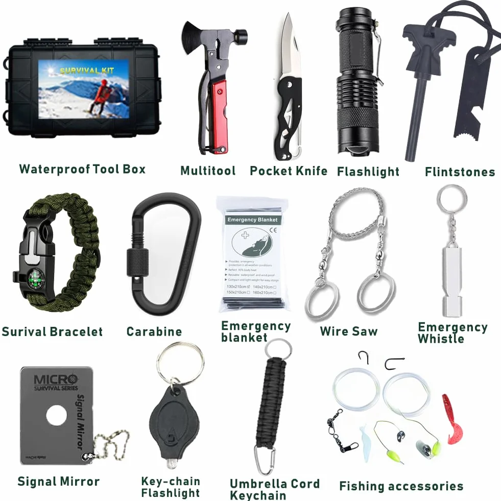 Kit de Supervivencia, Kit Supervivencia Auxilios Profesional Multifuncional 30 en 1 para Que Viajan, Hacen Senderismo y Acampa