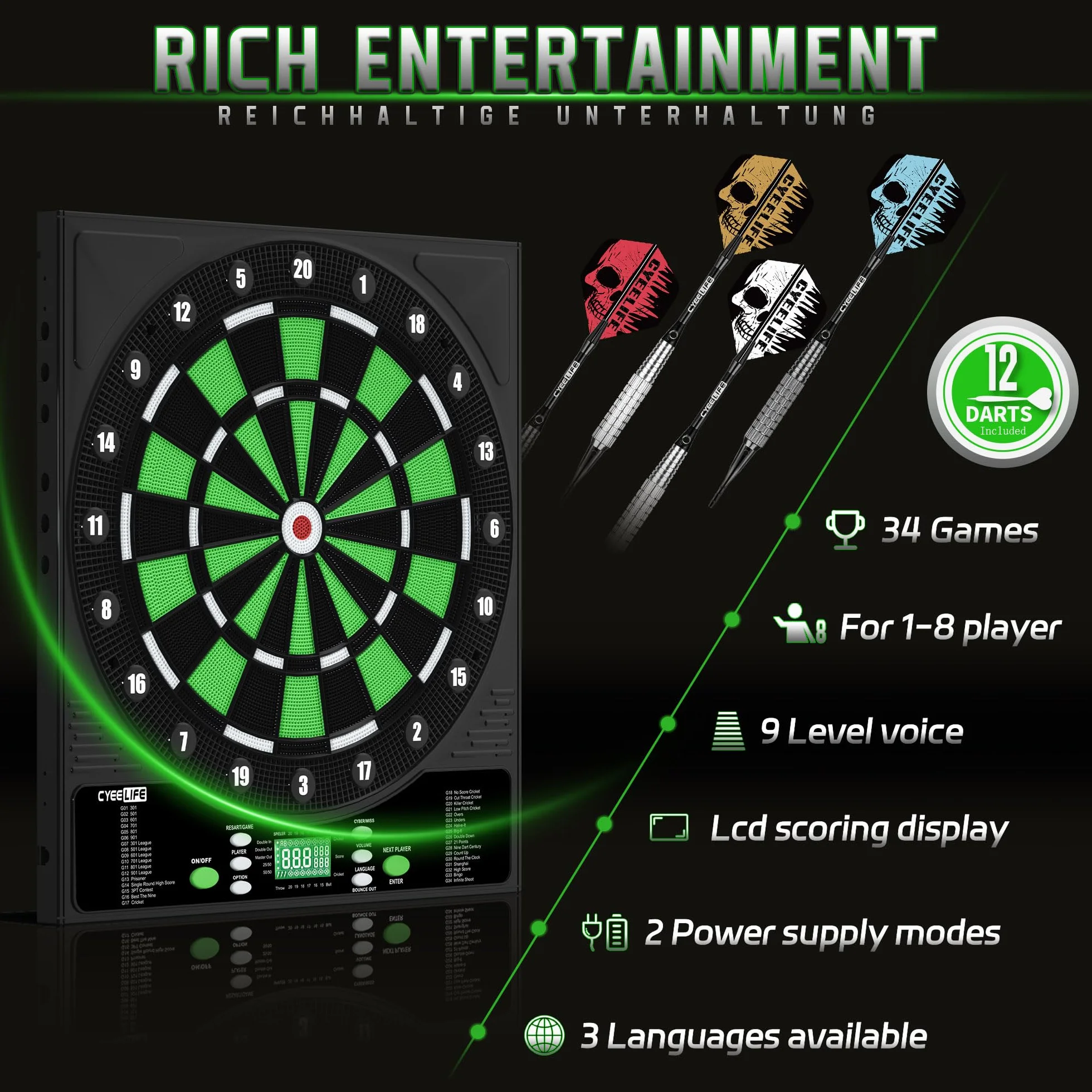 CyeeLife Dianas electrónicas, Dartboard de Profesional Set con 12 Flechas de Dardos 1 Dart Oche Line + 24 Vuelos Pro 50 Puntas de Flechas + Accesorios Dardo para 1 a 8 Jugadores