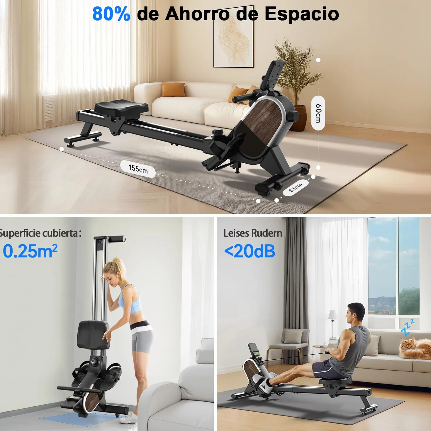 CHAOKE Maquina de Remo para Casa, Pistas Dobles Ultra Silenciosas y Estables,16 Niveles de Resistencia Magnético con App, Bluetooth y Pantalla LCD, Soporta hasta 160 KG, Fitness en Interiores