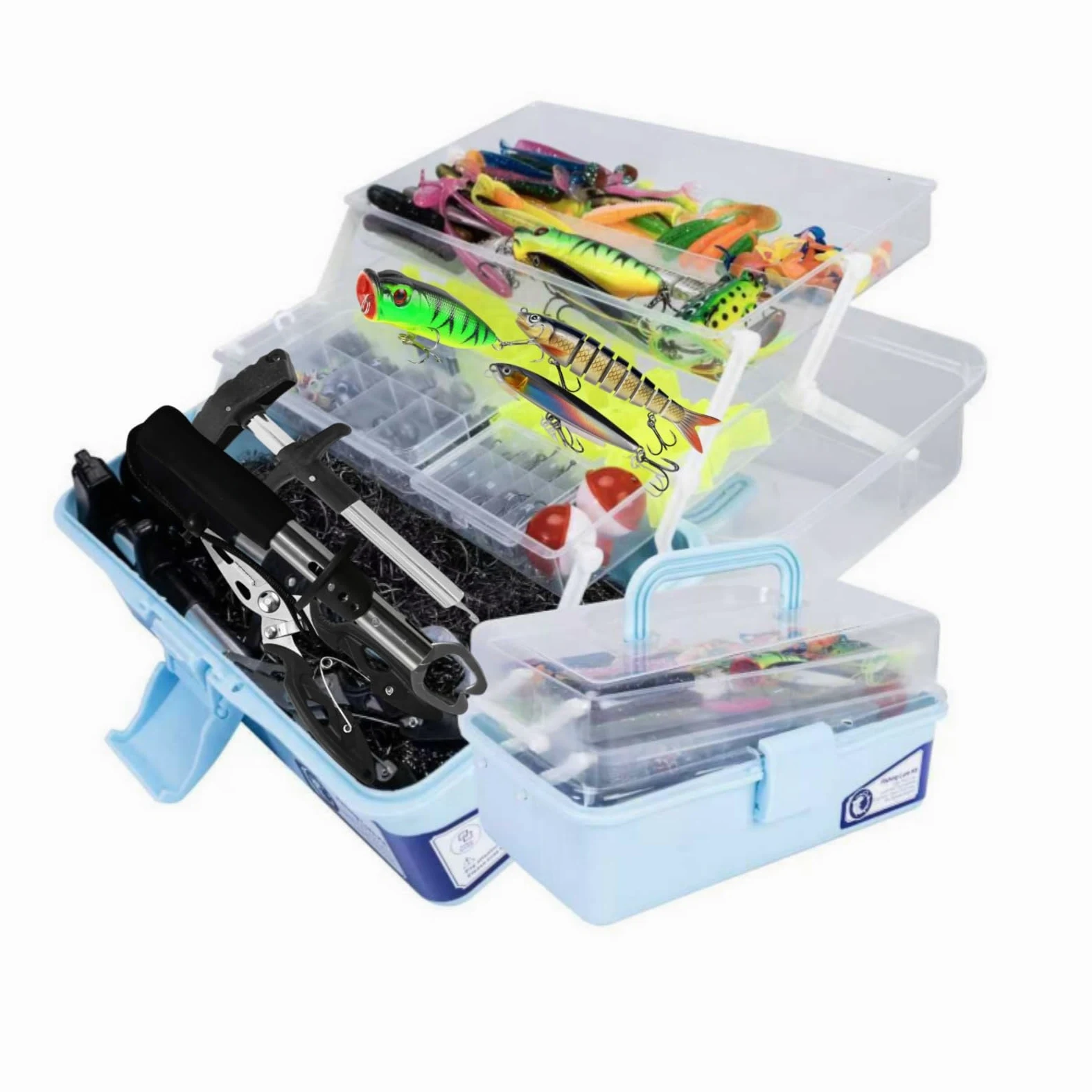 Caja grande de aparejos de pesca de 3 capas con aparejos incluidos, kit de 450 señuelos de pesca, contiene alicates, anzuelos, señuelos, pesos y accesorios, equipo de pesca de lubina de agua dulce