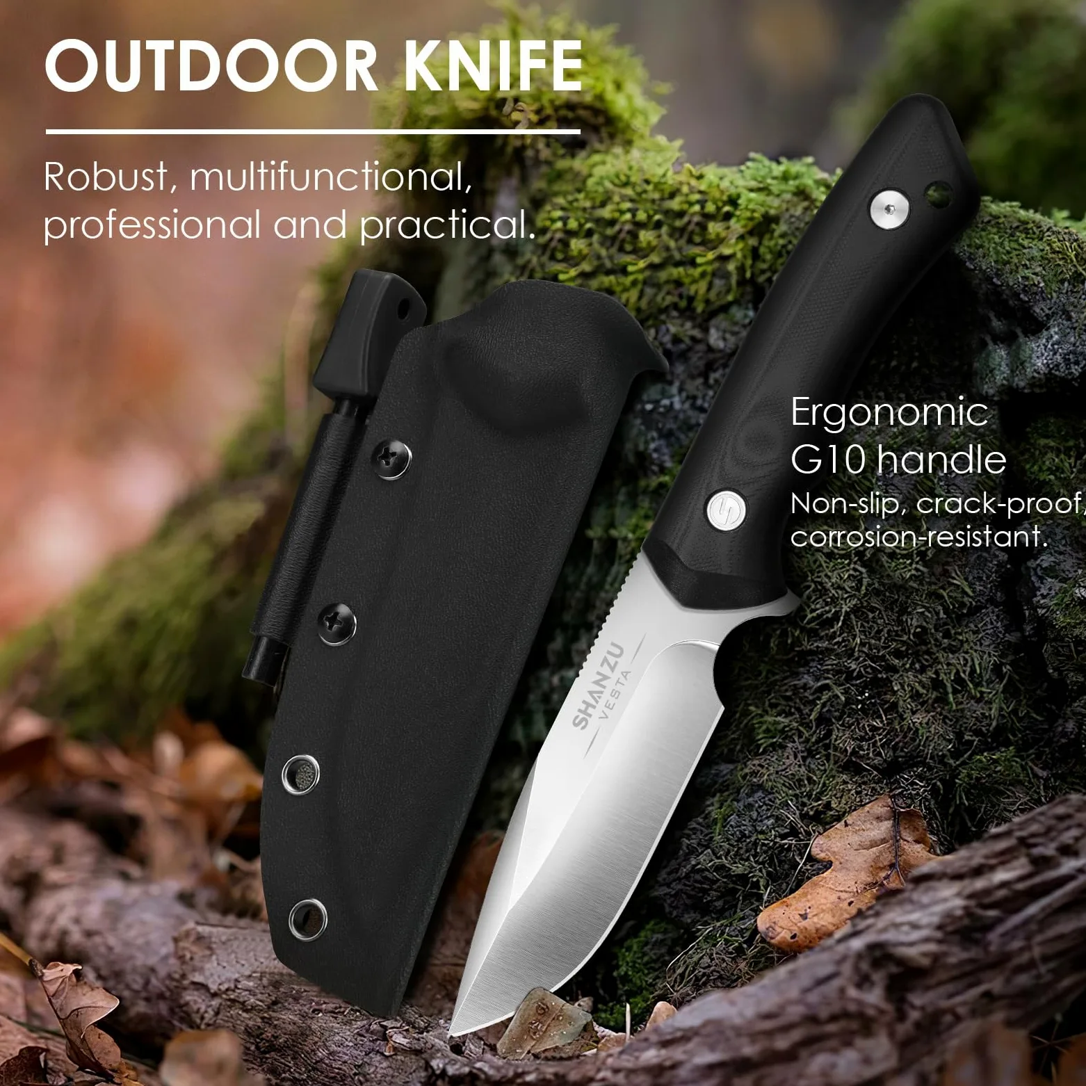 SHAN ZU Cuchillo Supervivencia D2 11cm Plateado Funda Kydex y Pedernal | Hoja Fija, Mango Ergonómico Antideslizante para Camping, Caza y Outdoor, Filo Duradero, Ligero, Compacto y Resistente