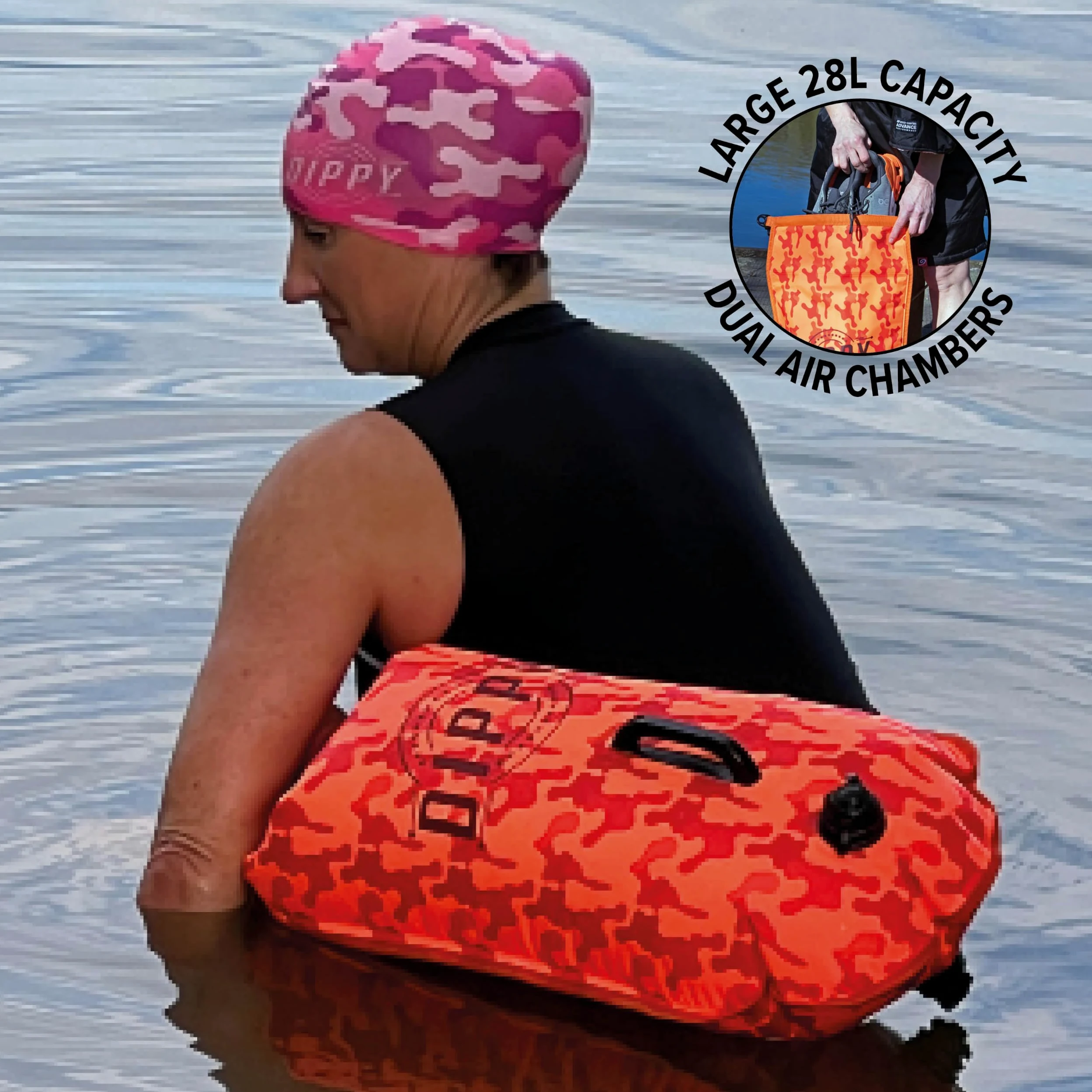 DIPPY - Flotadores de remolque para natación en aguas abiertas | Boya de natación de 28 L | Flotador de natación impermeable | Bolsa seca de flotador de remolque | Flotador de natación salvaje |