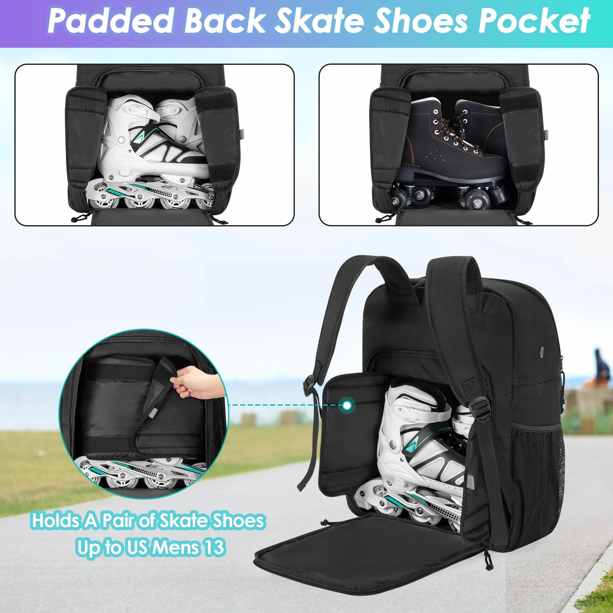 GOBUROS Bolsa para Patines, Color Negro, Talla hasta 13 US