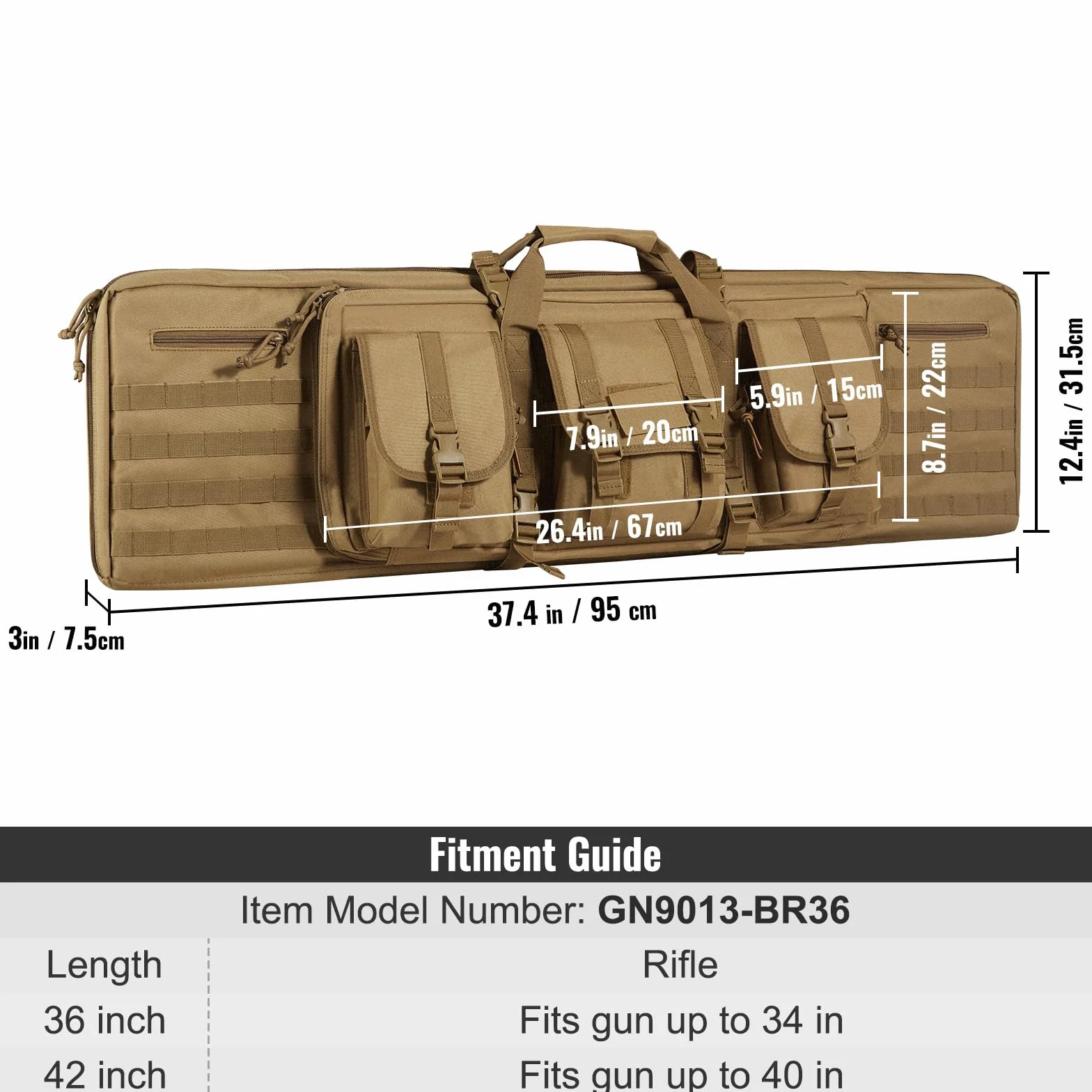 VEVOR Estuche para Rifle Bolsa Táctica Larga para Transporte de Armas 91 cm con Sistema MOLLE Funda para Rifle con Correa para Hombro Cremallera con Cerradura para 2 Rifles 86 cm y 2 Pistolas, Marrón