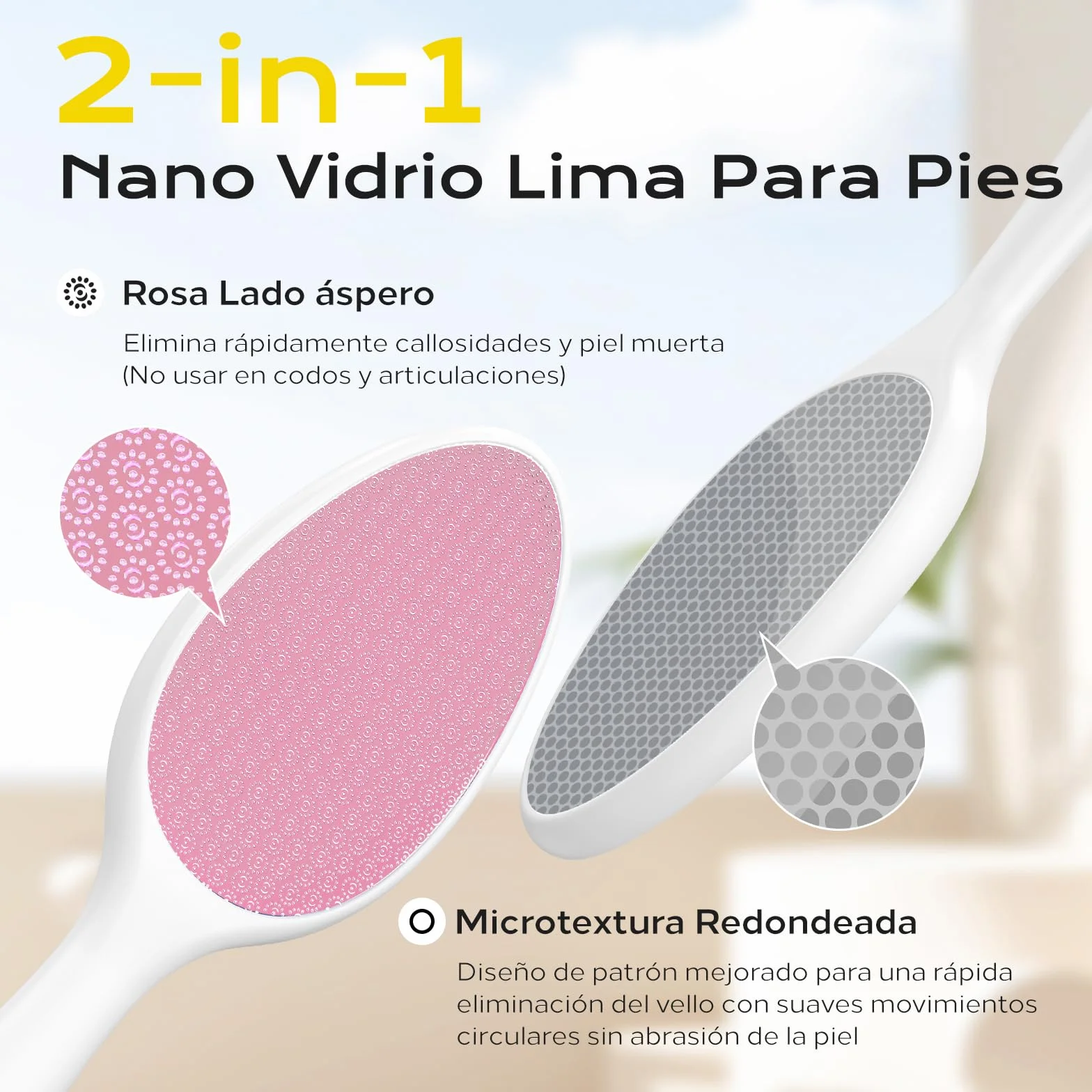 Lima Para Pies Nano Vidrio 2 en 1 - Foot File Profesional con Mango Largo, Elimina Durezas y Callosidades, Uso Húmedo/Seco - Rosa