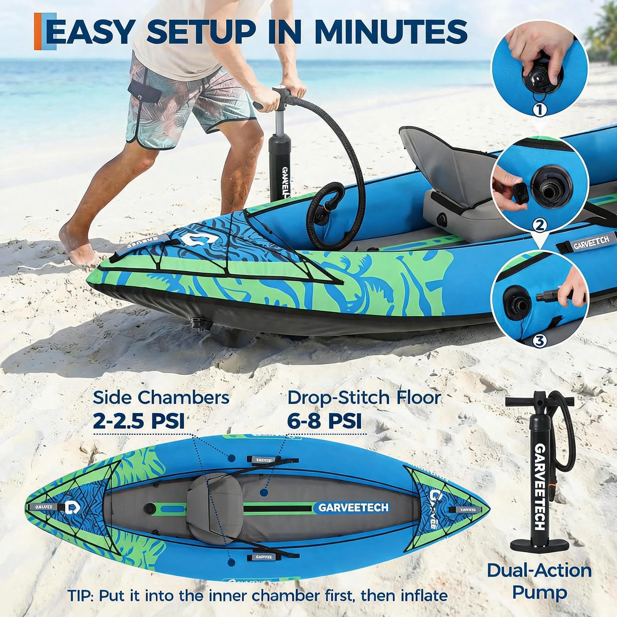 GarveeTech Kayak Inflable 1 Plaza, 900D Antipinchazos, 300x93x40 cm | Kayak inflable 1 plaza, 900D resistente a pinchazos, para lago y río, 300 x 93 x 40 cm