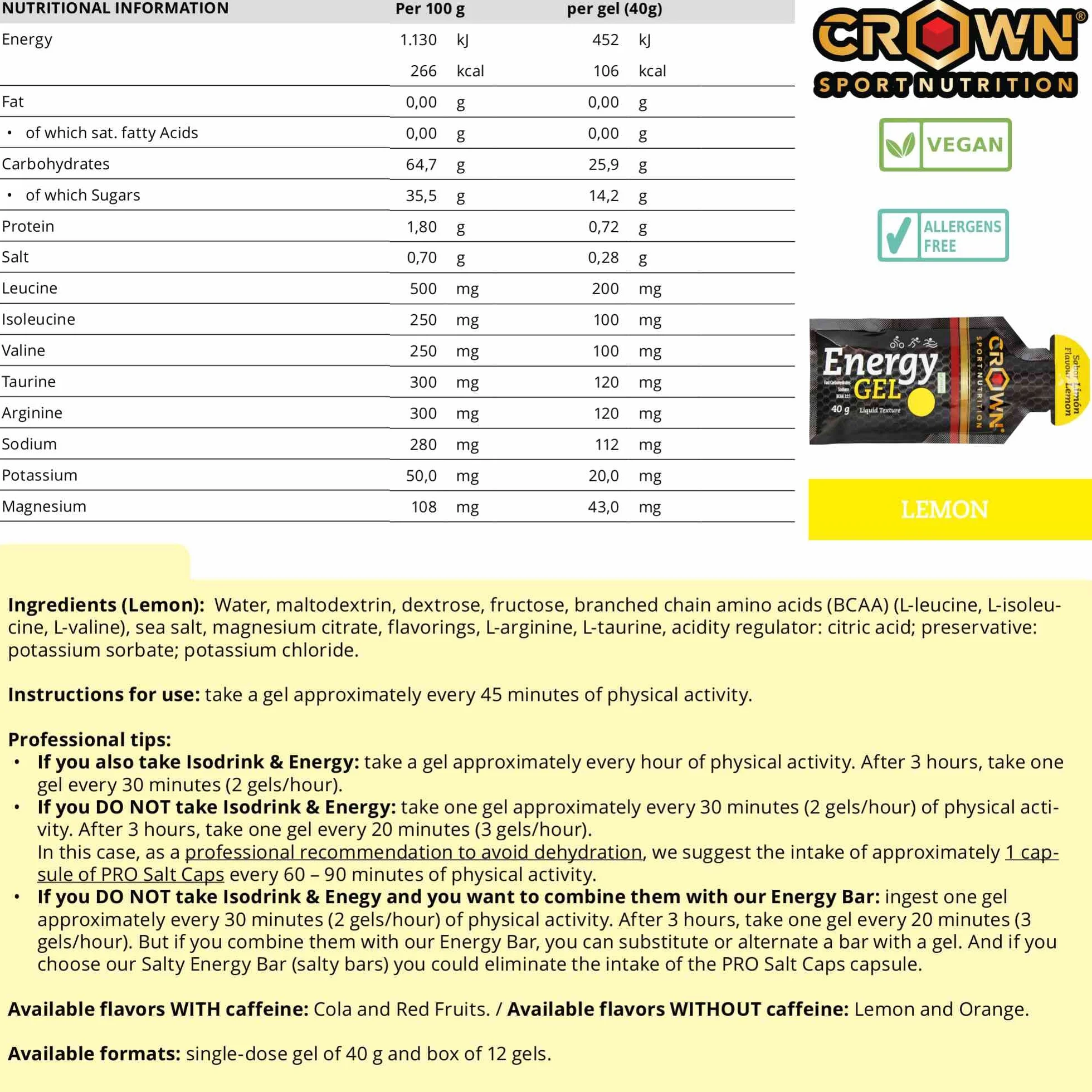 Crown Sport Nutrition Energy Gel Carbohidratos BCAA Arginina Taurina Electrolitos Vegano Sin alérgenos