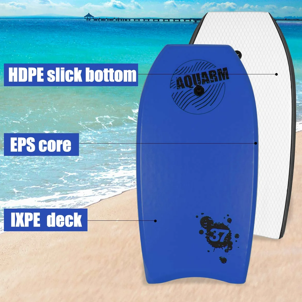 Tabla de bodyboard con correa de muñeca, 33"/37"/42" ligera con núcleo EPS y superficie inferior lisa de alta velocidad, perfecta para practicar surf para niños, adolescentes y adultos (azul)