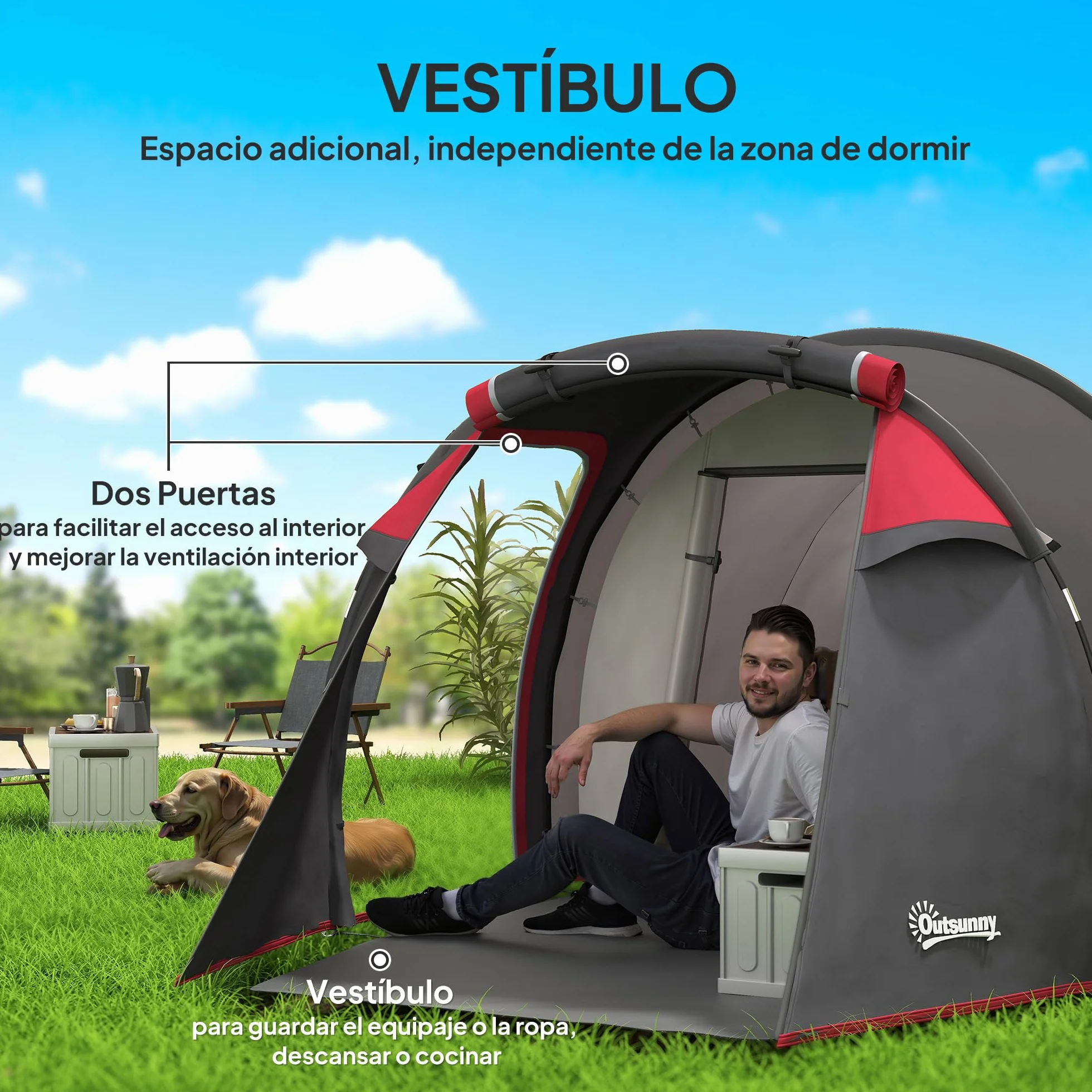 Outsunny Tienda de Campaña Familiar Tipo Túnel 2-3 Personas Plegable Impermeable 2000+ mm a Prueba de UV 20+ Ligero con Vestíbulo y 4 Estaciones para Camping Senderismo 426x206x154 cm