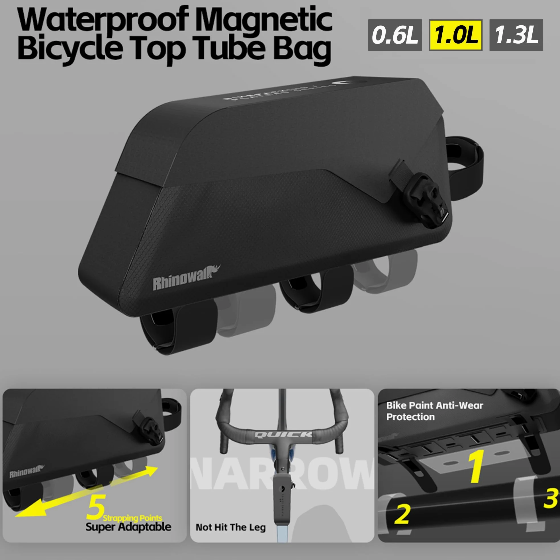 Rhinowalk Bolsa de tubo superior para bicicleta de 1,5 L, bolsa para marco de bicicleta con solapa magnética, totalmente impermeable y estable, bolsa de bicicleta para bicicleta, accesorios de