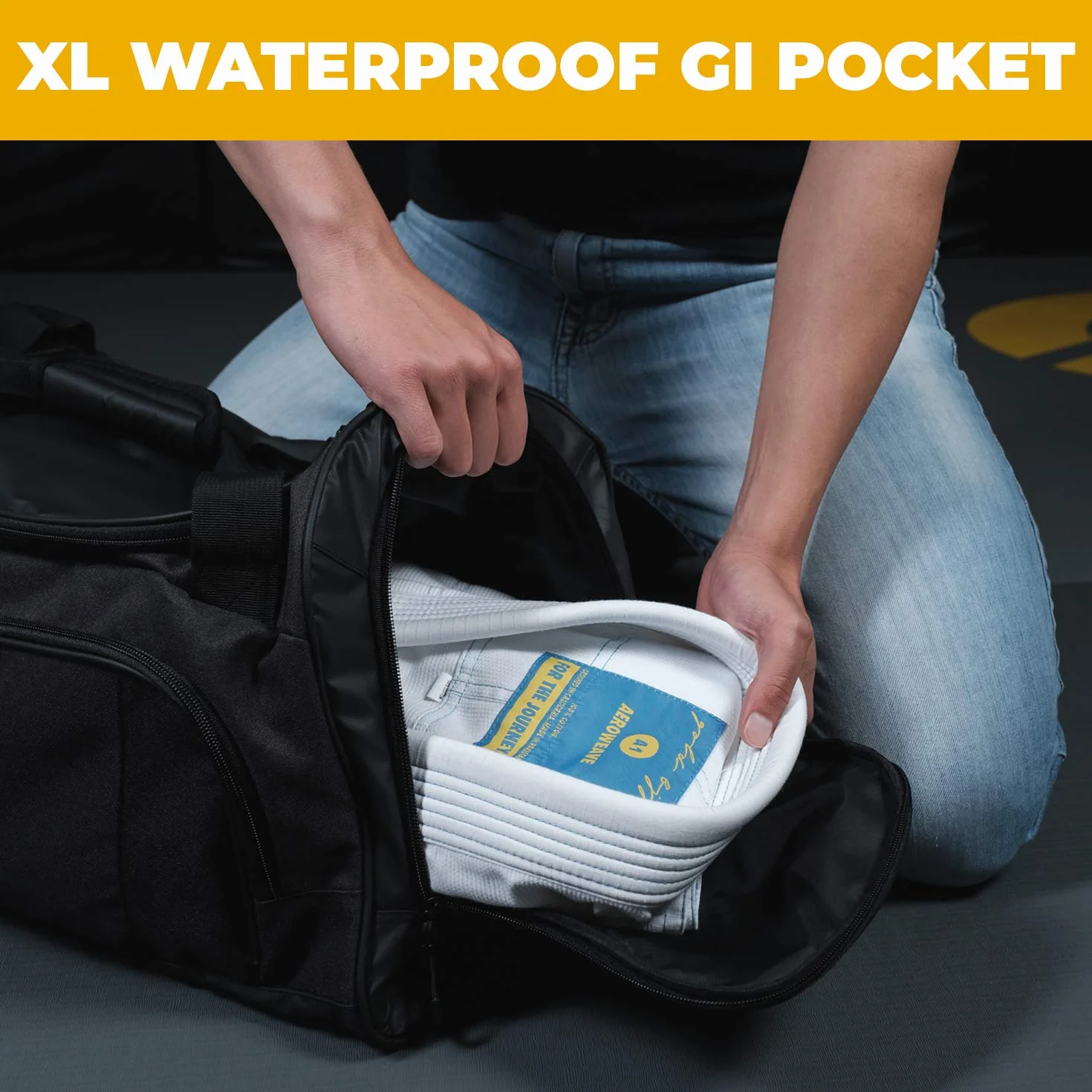 Gold BJJ Jiu Jitsu Duffle Bag - Waterproof Pocket for Sweaty Gi, Rashguard, or Shoes - The Duffel Bag for Martial Arts Gear, Boxing, MMA, and More
