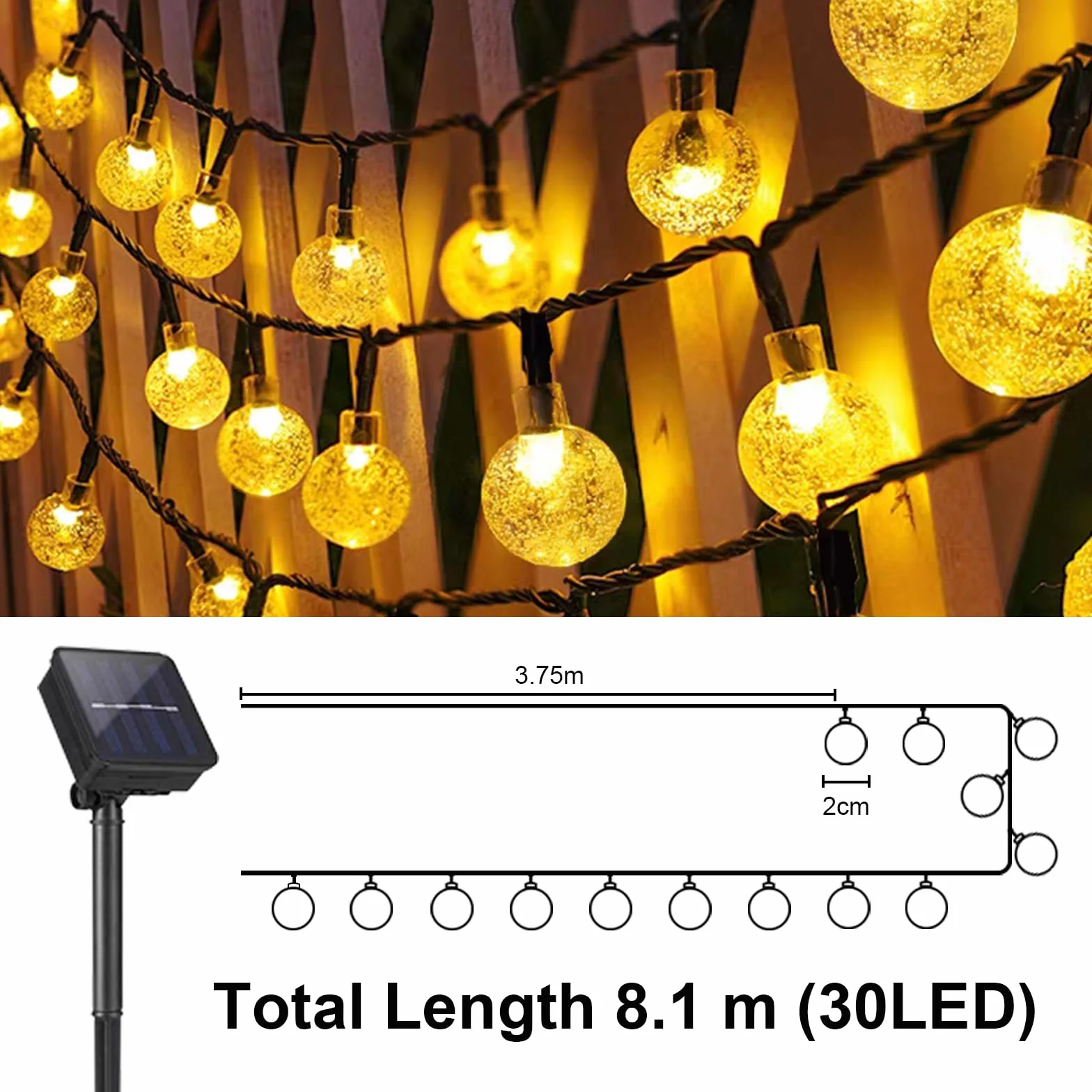 LQWELL Guirnaldas de Luces Solares 30LED 8M IP44 8 Modos Blanco Cálido para Jardín Exterior