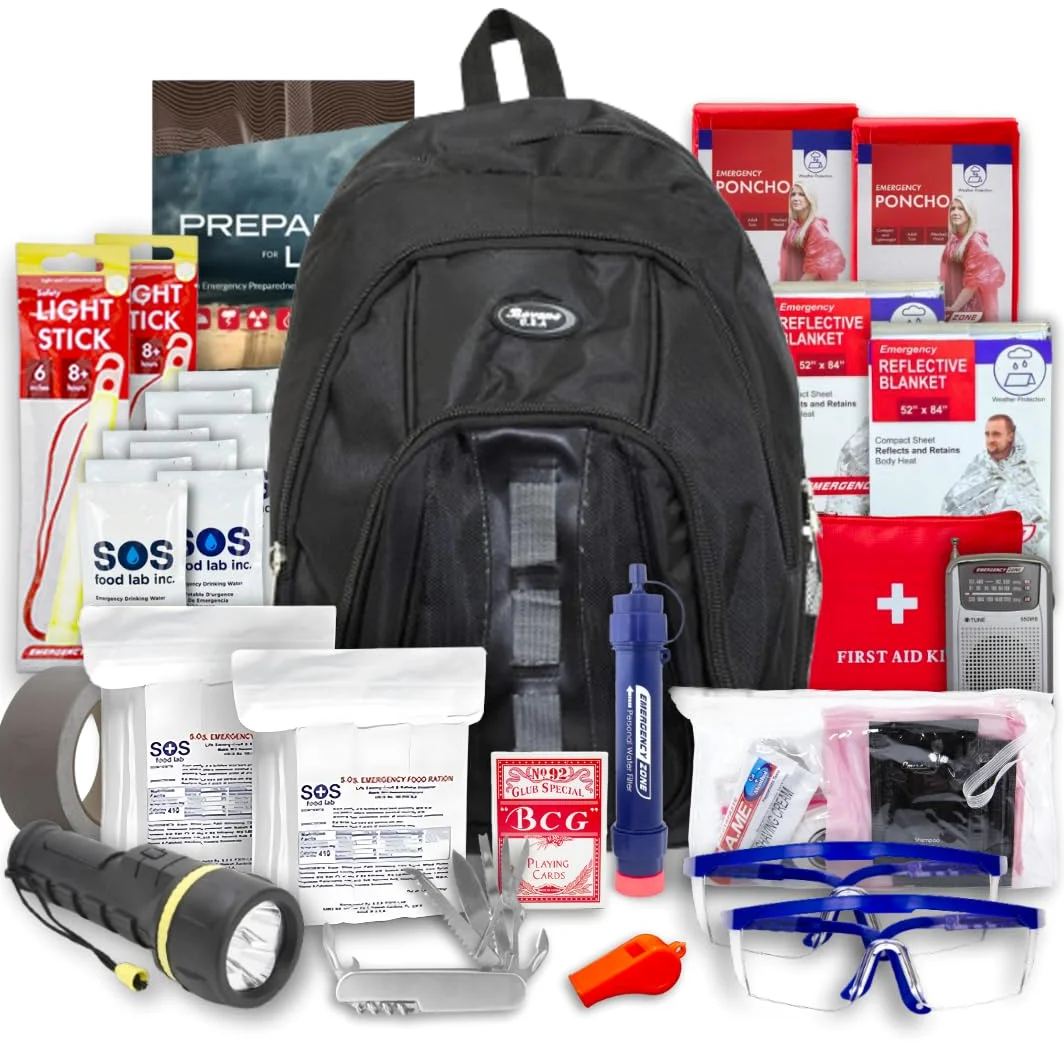 Emergency Zone The Essentials - Kit completo de supervivencia de 72 horas, prepara a tu familia para huracanes, terremotos, inundaciones, desastres de emergencia, bolsa de viaje disponible en 2 y 4