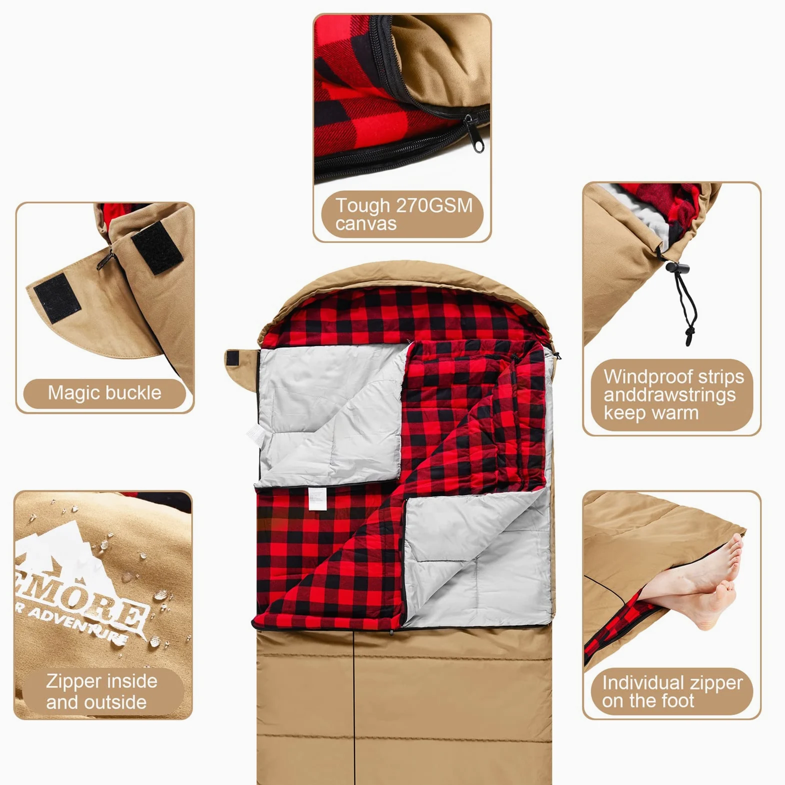 Saco de Dormir de Lona de Invierno de 0 Grados para Pesca, Caza, Viajes y Camping, Especialmente en Invierno frío al Aire Libre con Forro de Franela extraíble y Bolsa de compresión