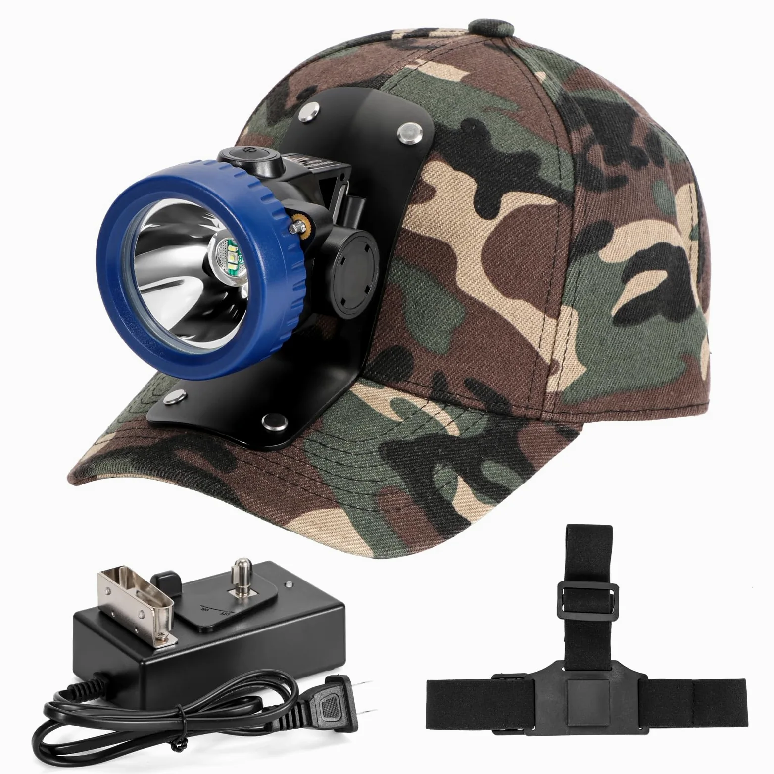 Lokilo Linterna frontal LED ultrabrillante, recargable, impermeable, luz blanca, tapa de minero de camuflaje incluida, luz minera duradera para trabajo subterráneo y aventuras al aire libre (azul)