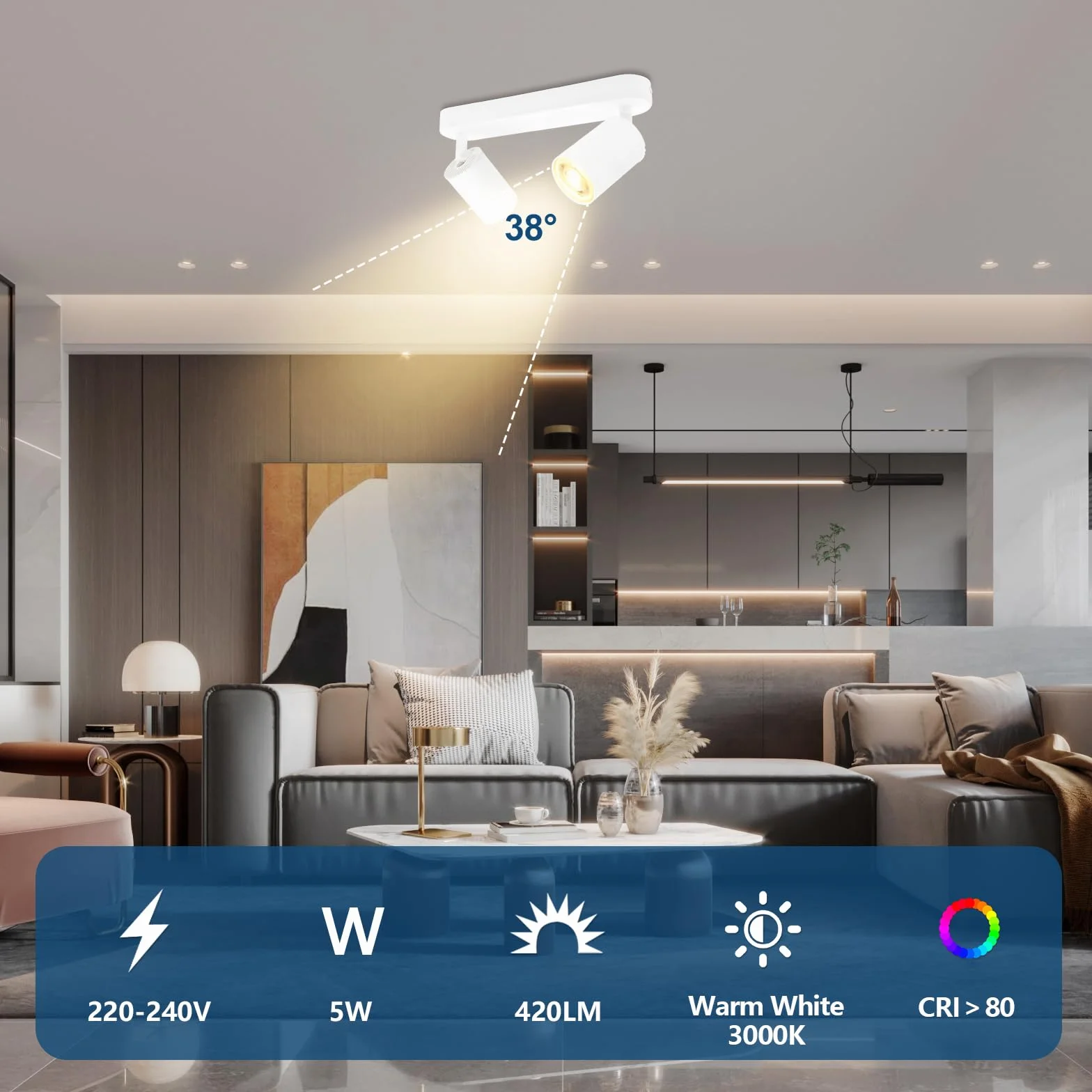 KYOTECH Lámpara de techo LED 5W orientable giratoria GU10 3000K 420LM 2 focos