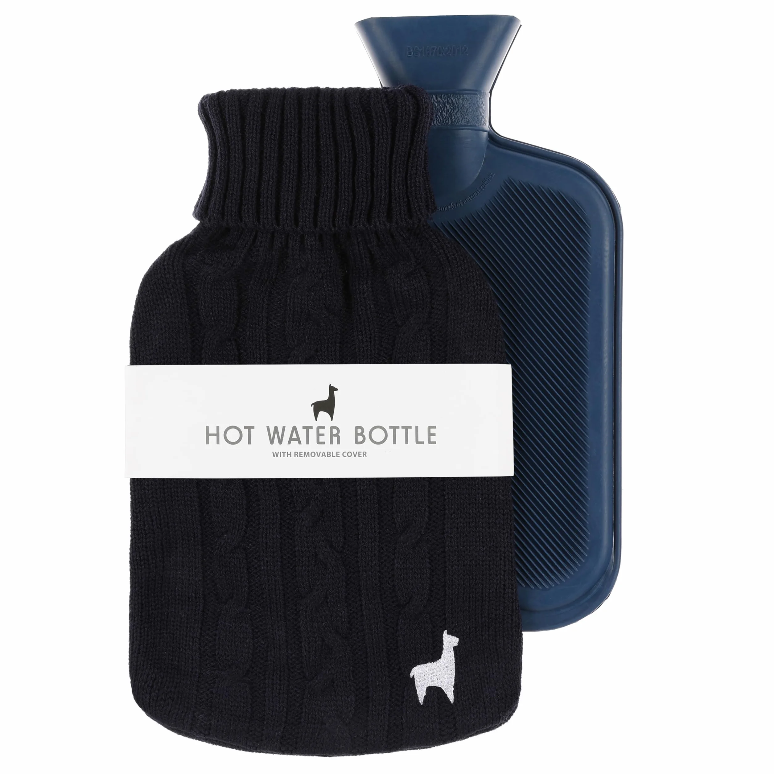 Nordstern Bolsa de agua caliente con funda tricotada suave - Botella de calor a prueba de fugas para alivio del dolor, caucho natural, azul oscuro