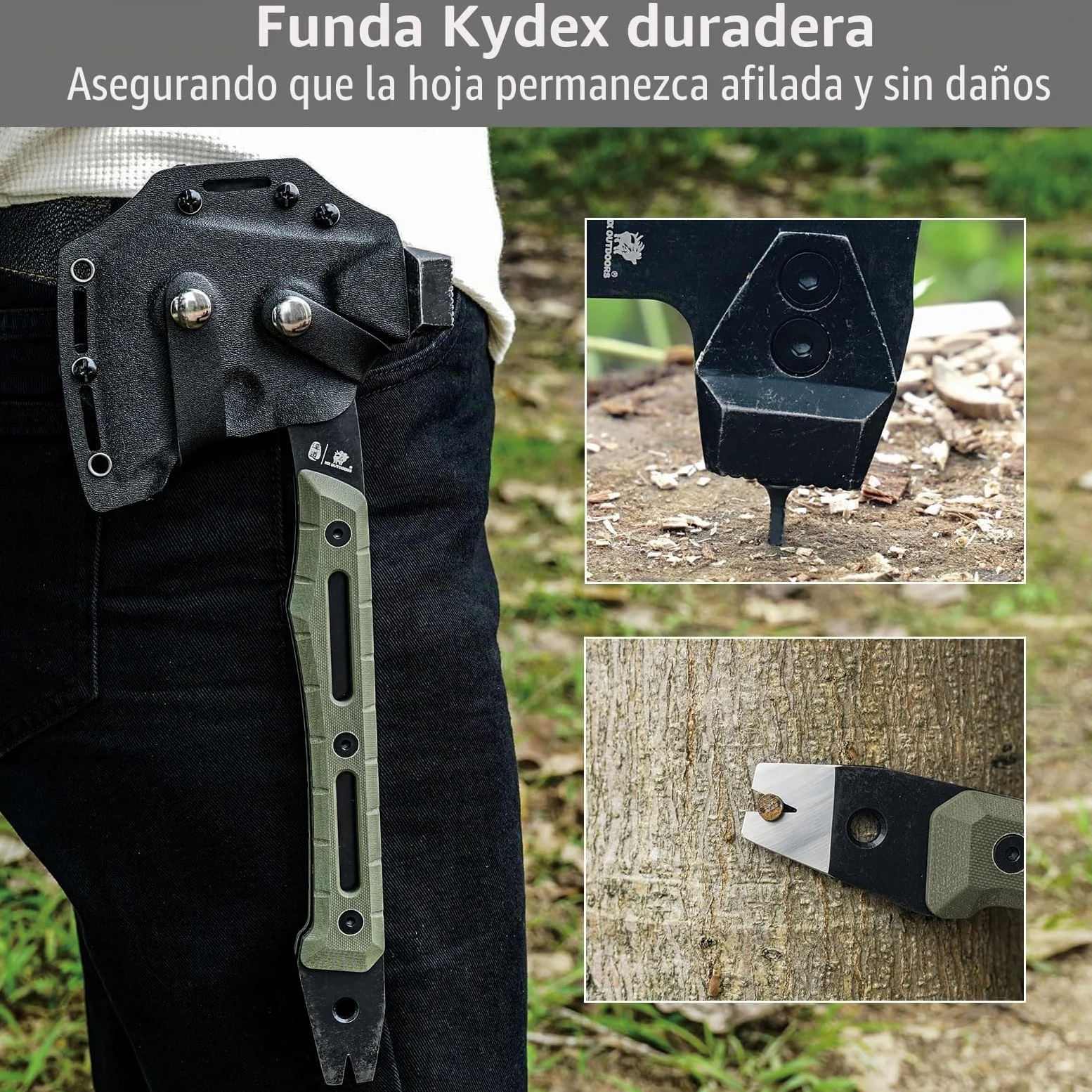 HX OUTDOORS Hacha de Partido Multifuncional, Hacha Táctica de Supervivencia y Campismo de Tanga Completa，Hachas de Mano para Campismo y Bushcraft con Martillo y Sacacorchos (Verde Militar)