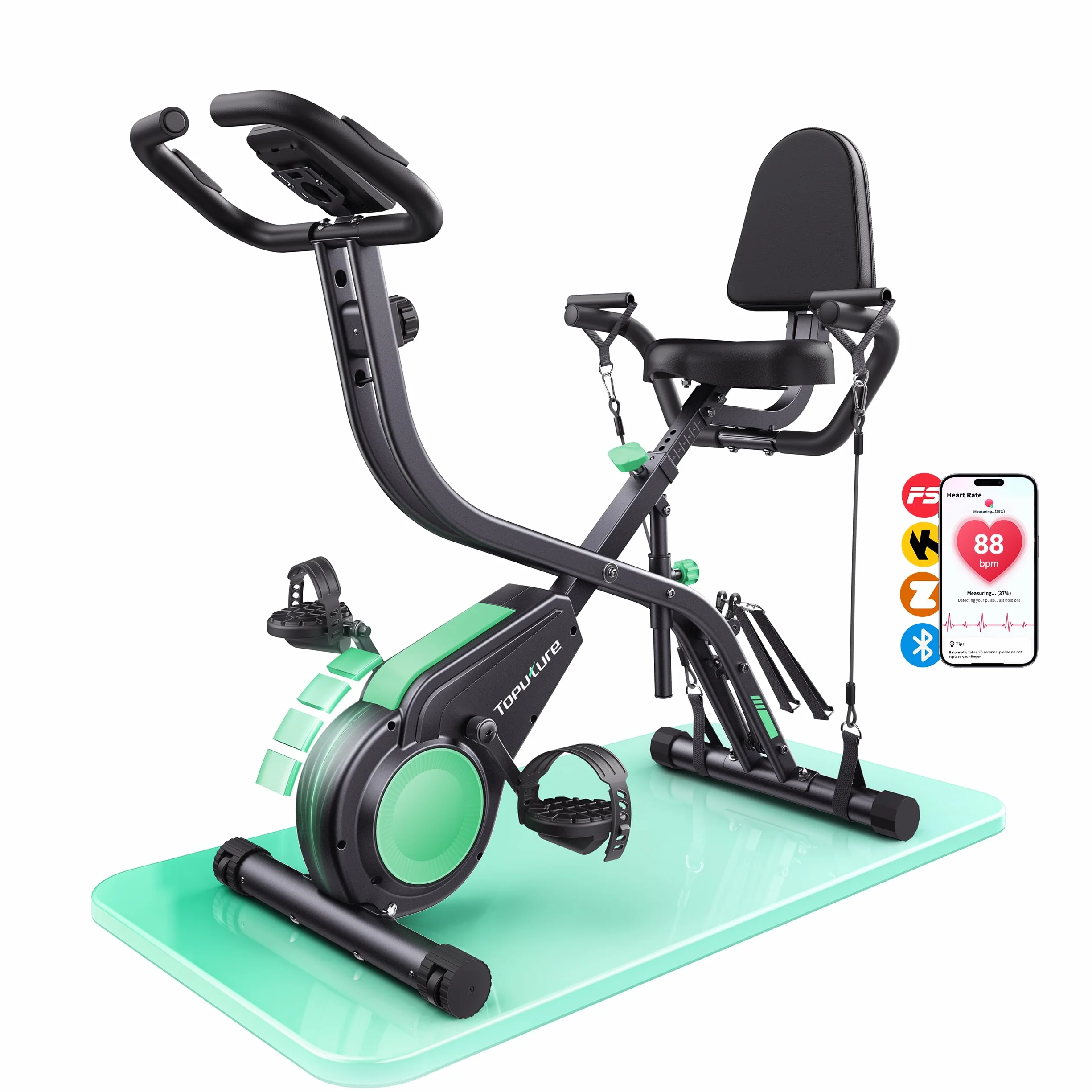 2026 Toputure Bicicleta Estática Plegable 5 en 1 con APP, Bici Estática con Respaldo, Pulsómetro, LCD y 16 Niveles de Resistencia para Casa, Base Ancha y Estable, Bandas de Resistencia, Máx140KG
