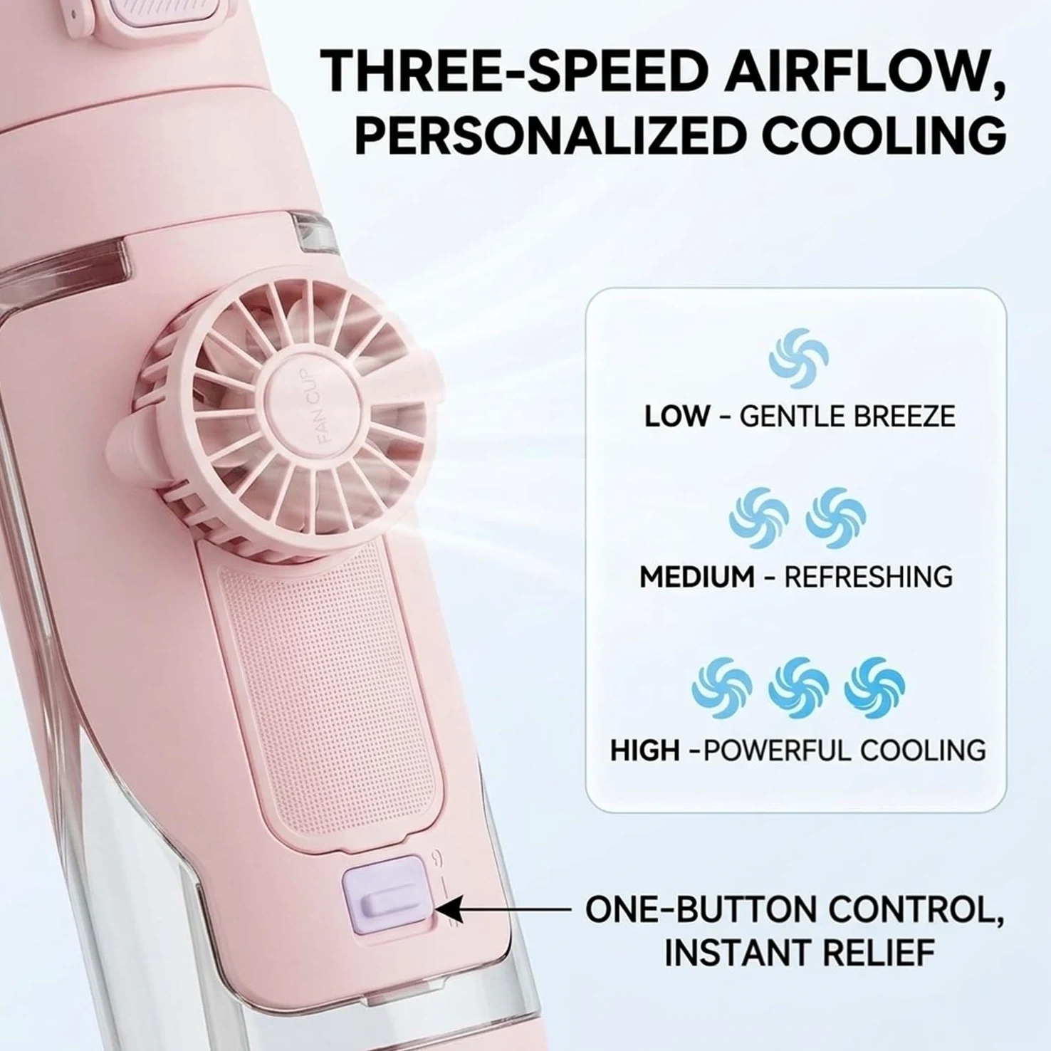 Botella de agua 2 en 1 con ventilador plegable integrado, botella de agua de refrigeración portátil de 690 ml con ventilador de 3 velocidades, popote a prueba de fugas y tapa de boquilla para viajes