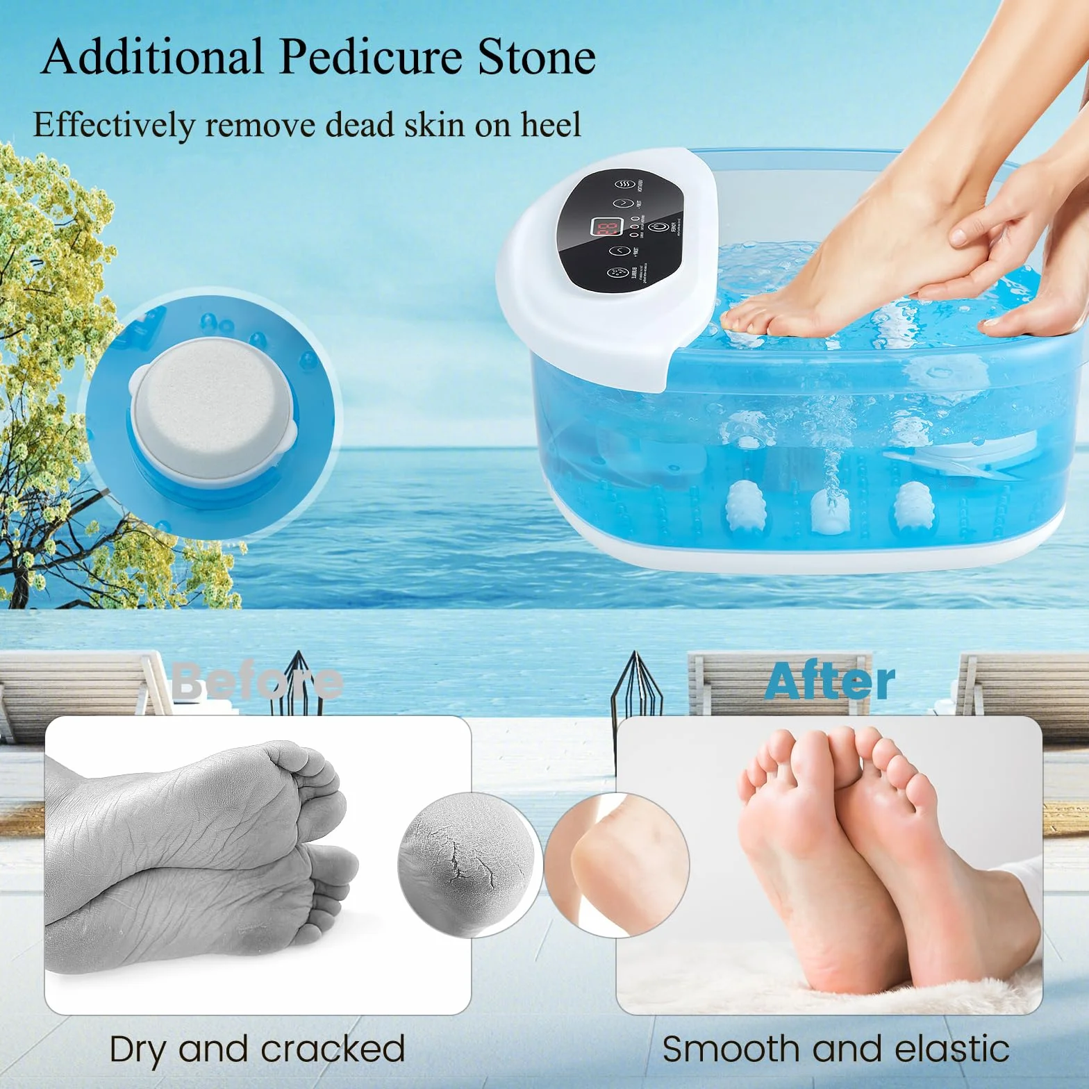 HOMASIS Pediluvio eléctrico con masaje de agua, burbujas de aire caliente, control de vibración y temperatura, temporizador 1 hora (Azul)