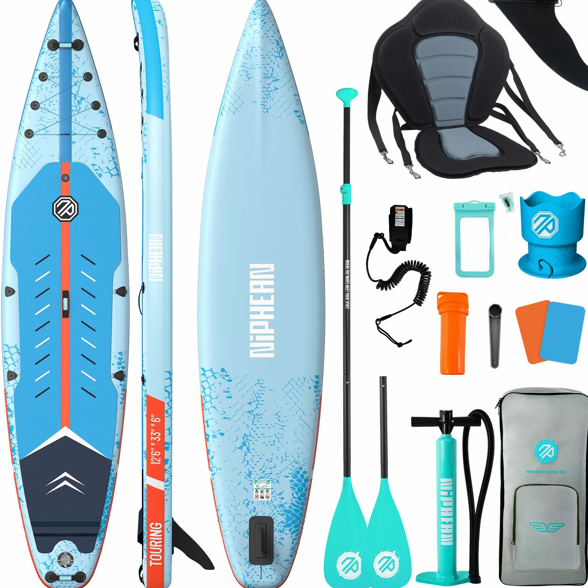 Niphean 380cm Tabla Paddle Surf Hinchable, Sup Touring con Accesorios | Tabla Padel Surf Rígida 280kg para Adultos y Principiantes, Kick Pad, Antideslizante, Kit Reparación
