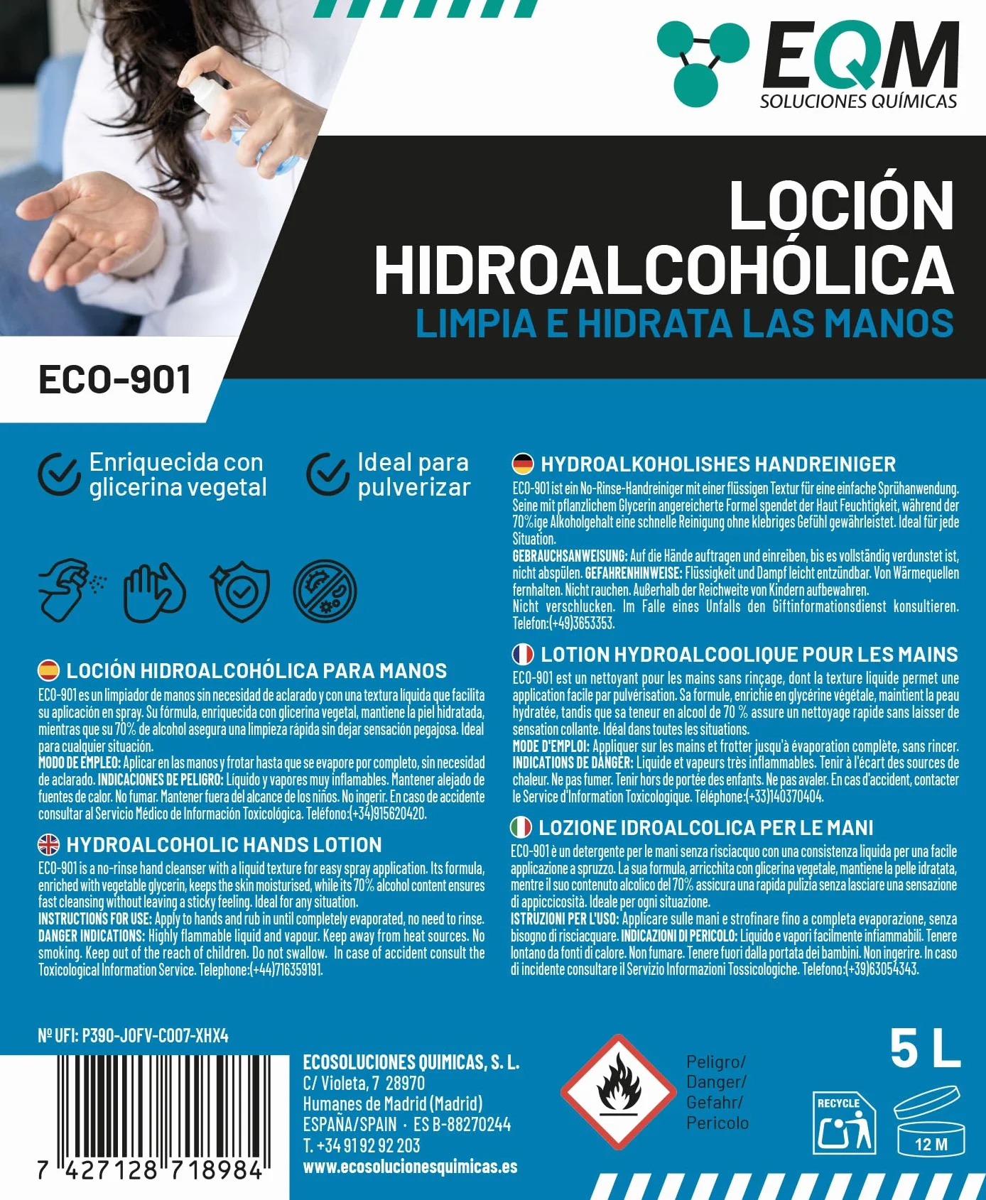 EQM ECO-901 Loción Hidroalcohólica para Manos 5L