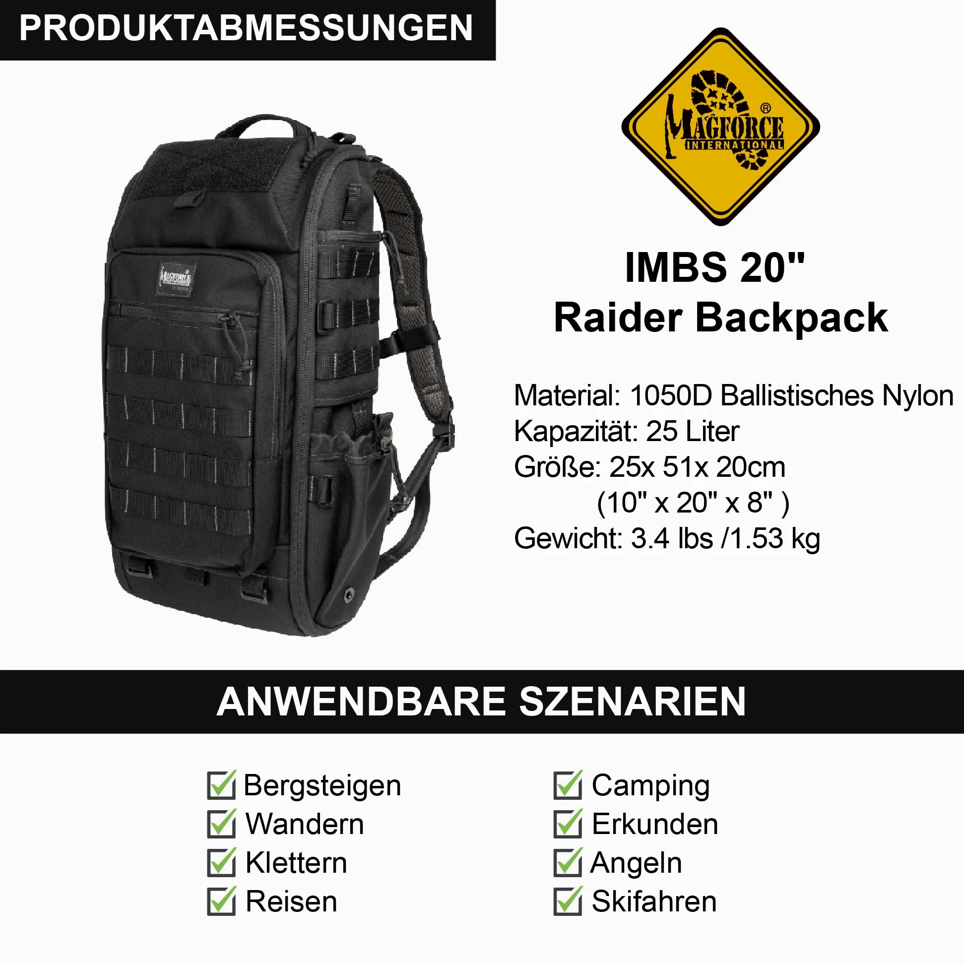 Magforce Tactical Raider - Mochila militar Molle de 25 litros, ligera y compresible, nailon balístico, compartimento para portátil, mochila de senderismo al aire libre con muchos bolsillos y correa
