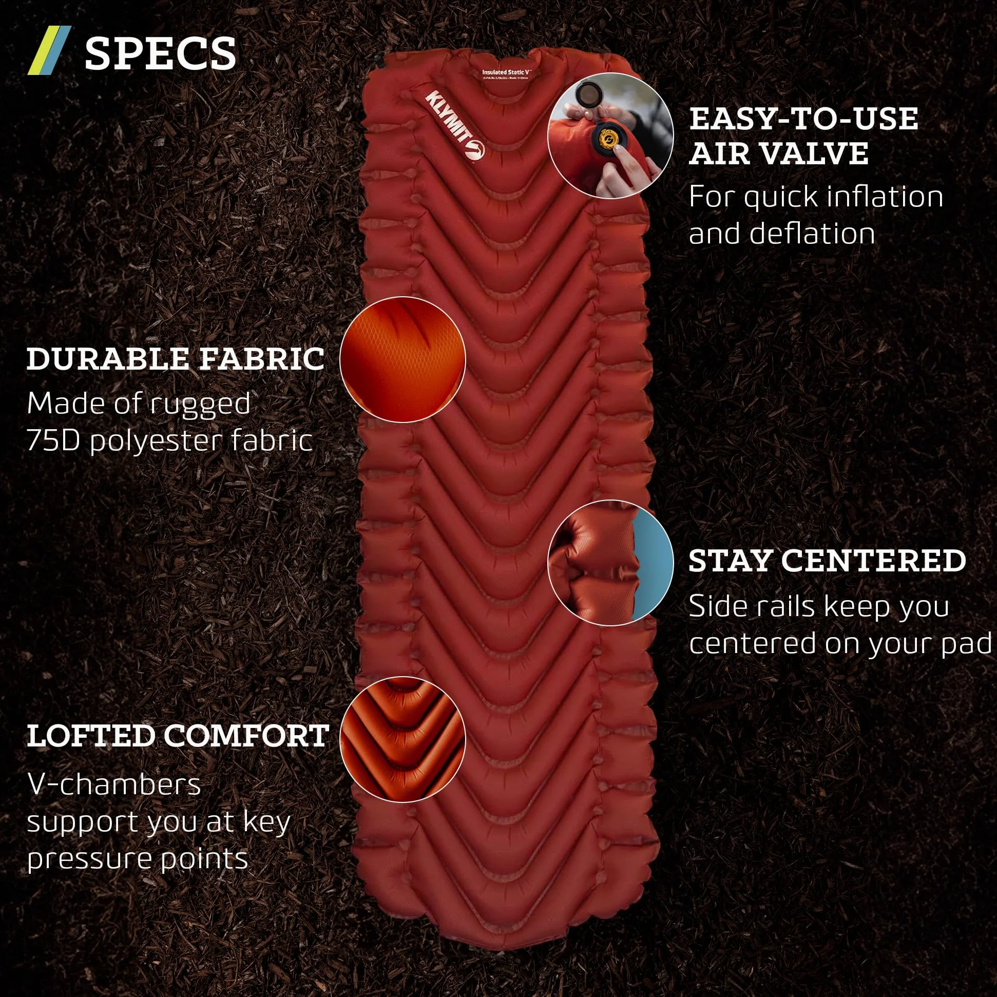 Klymit Colchoneta Inflable con Aislamiento estático en V | Cómodo, Ligero, fácil de inflar, colchón de Aire portátil para Camping, mochileros y Senderismo, Color Rojo