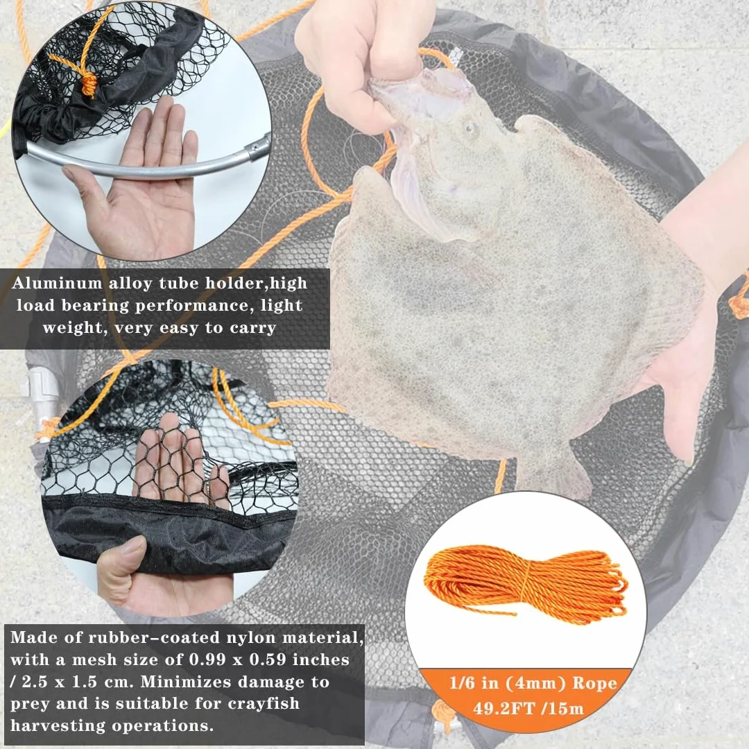 Drasry Red de aterrizaje plegable para puente y muelle – Red de caída de anillo de aluminio de alta carga para agua salada y agua dulce – Cesta plegable con cuerda de 49.2 pies