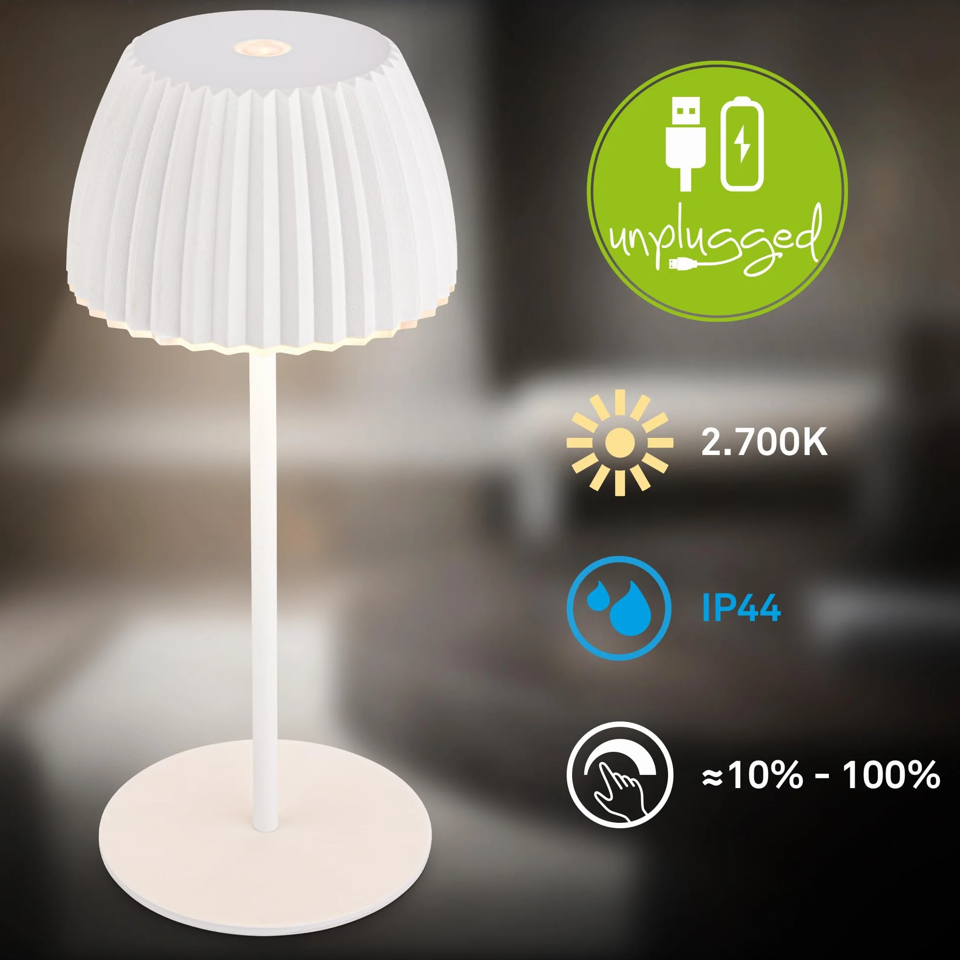 BRILONER Riffle Mini lámpara de mesa LED inalámbrica IP44 con regulador táctil, 8,5x20 cm, blanco