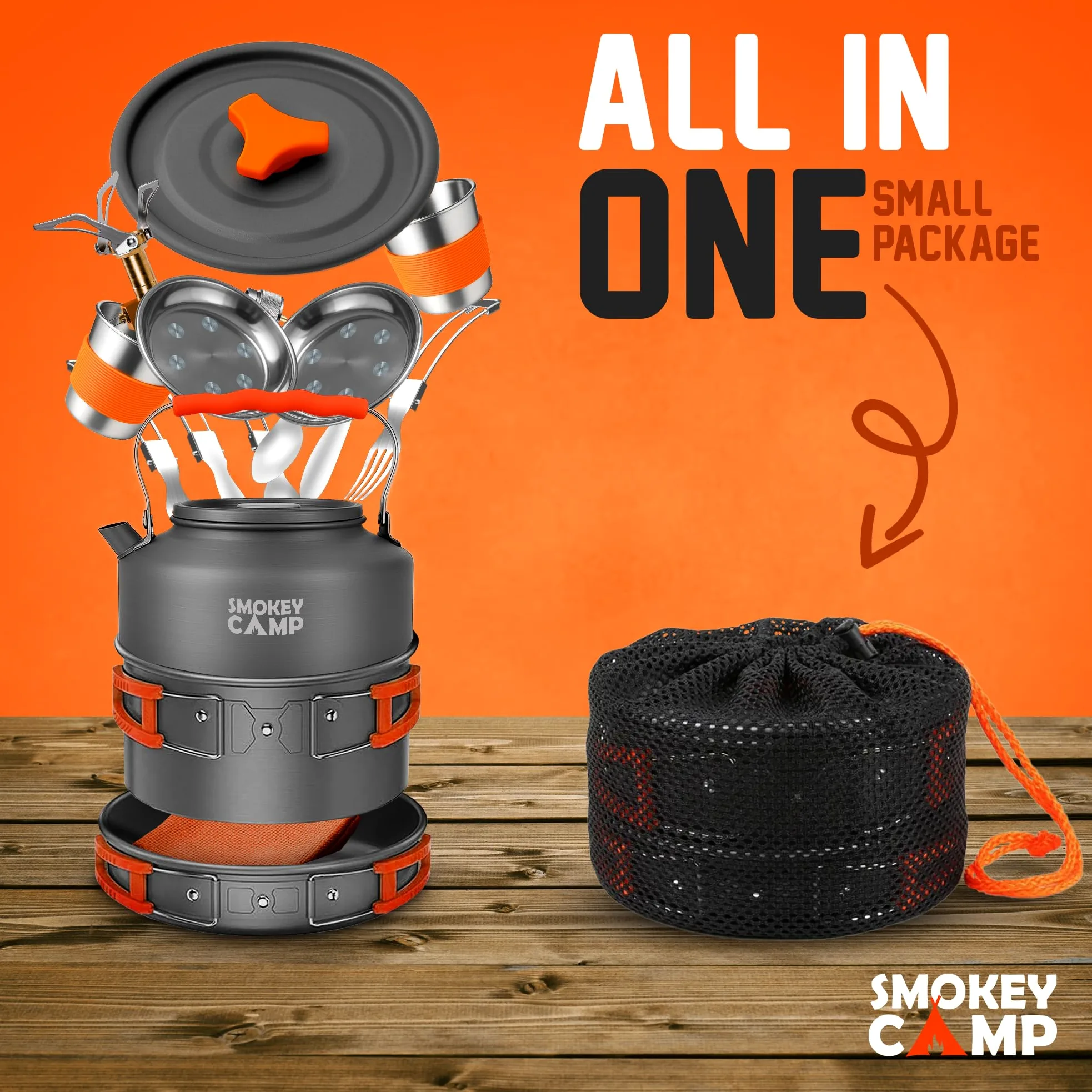 Smokey Camp Juego de Cocina para mochileros – Kit de Utensilios de Cocina Compacto para Camping, Juego de Cocina Todo en uno, Kit de Utensilios de Cocina antiadherentes para Camping, Senderismo,