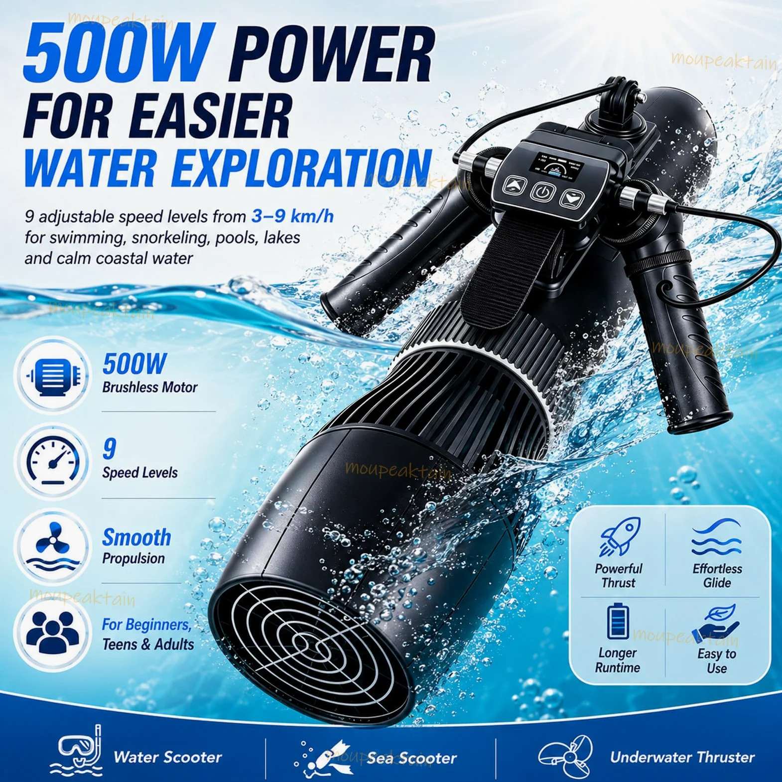 Scooter Submarino, Motor De 500 W, 9 Velocidades, Impermeable Ipx8 | Muestra Velocidad Y Baterías Del Scooter Y Mando, 3-9 Km/H, Control Dual, Para Agua Dulce O Salada