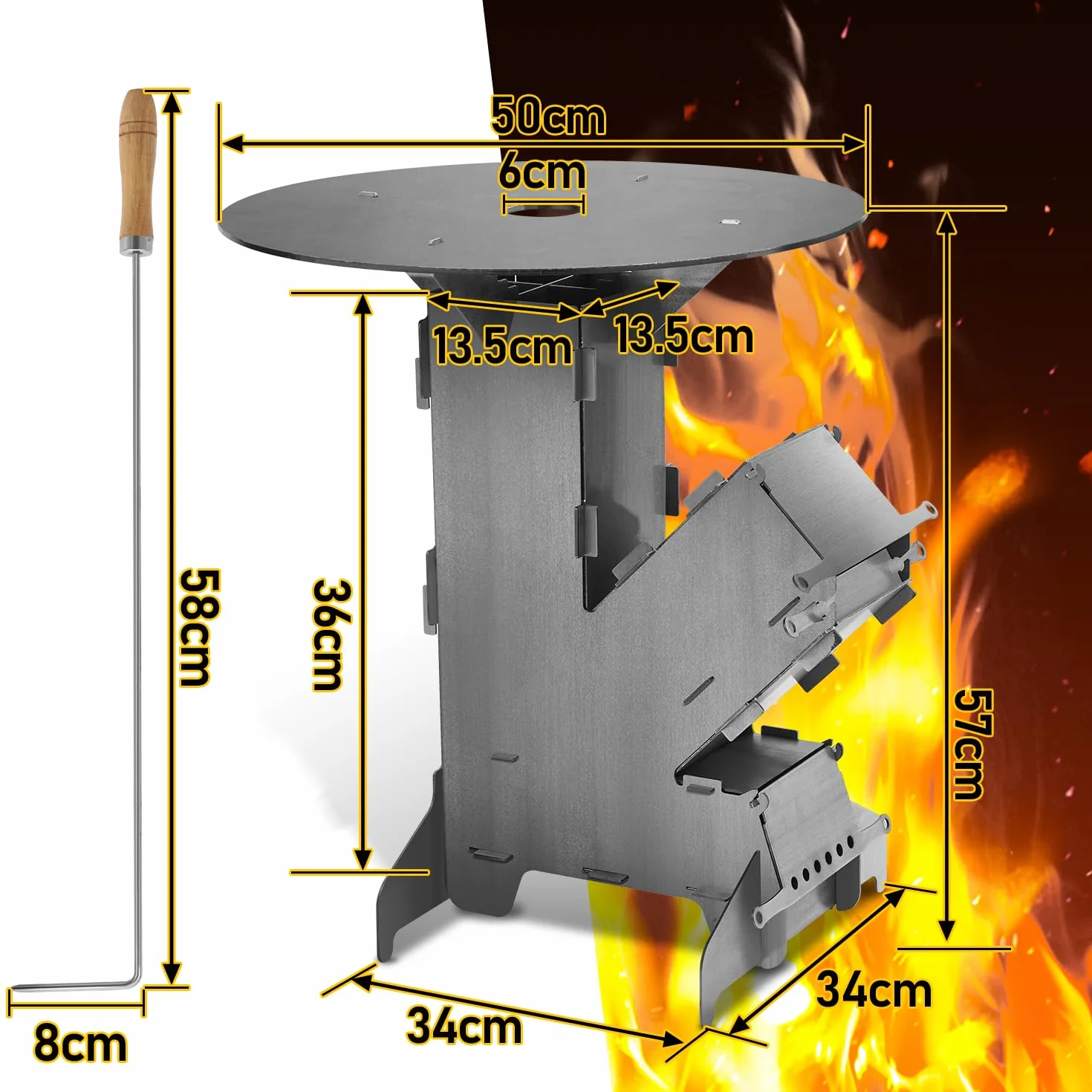 Horno de cohetes incl. plancha de parrilla Horno de cohetes con ganchos de fuego y 2 pies de soporte adicionales Hornillo de camping de acero macizo de 3 mm de espesor Hornillo de camping