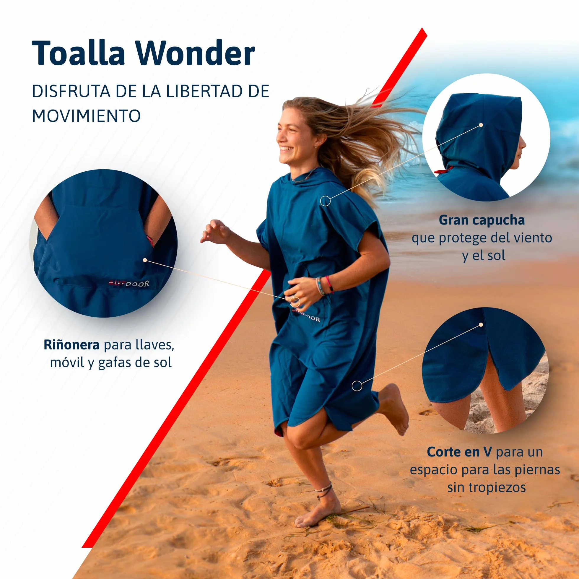 AUTDOOR® Poncho Surf - Fabricado a Partir de Botellas de plástico recicladas - Toalla de Piscina compacta, Ligera y de Secado rápido Ideal para natación y Deportes acuáticos (Azul, Mediano)