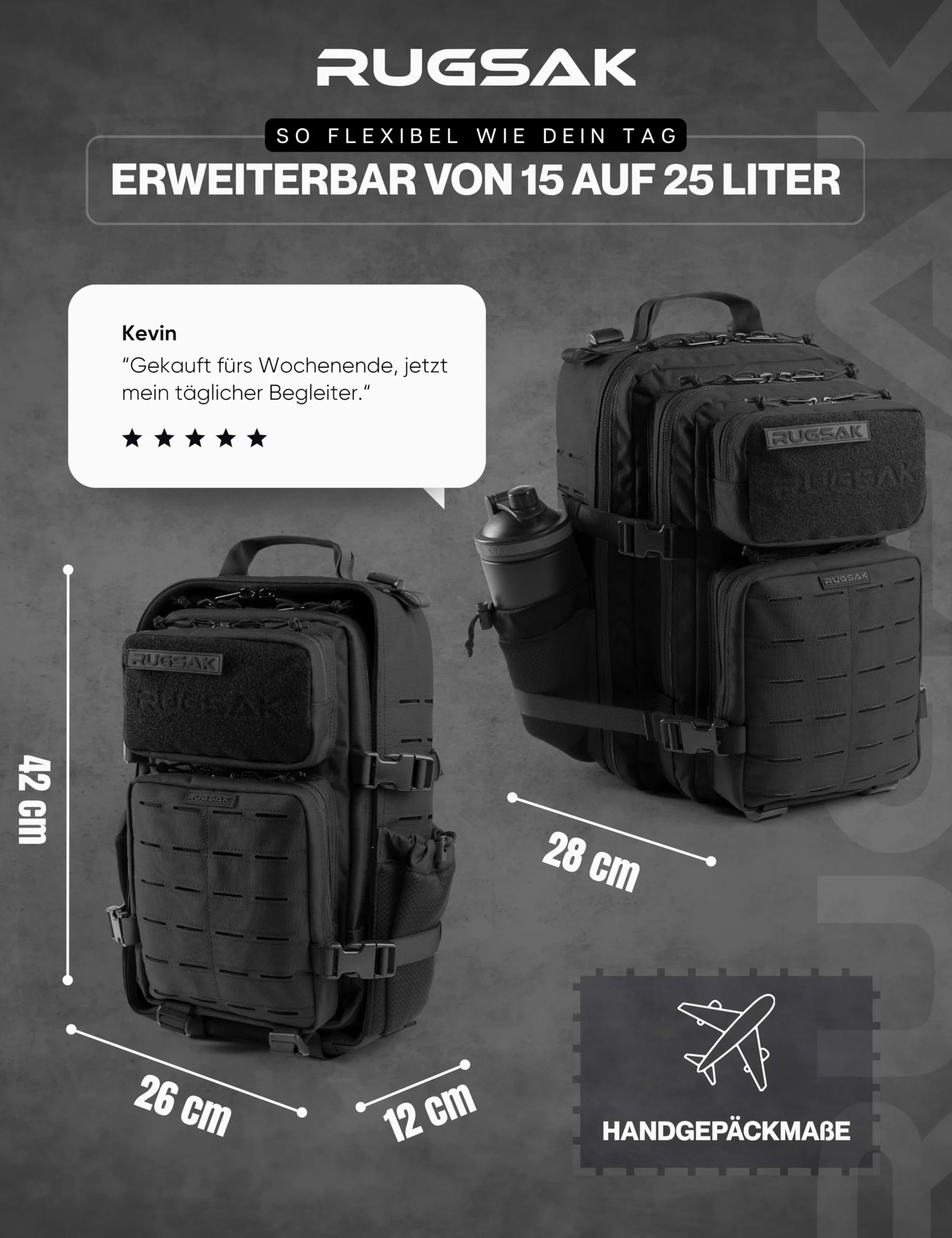 RUGSAK Alpha Mochila táctica [15-25L] impermeable y extremadamente resistente | Mochila militar de supervivencia | para trabajo al aire libre, senderismo, camping y gimnasio, mochila de viaje Molle