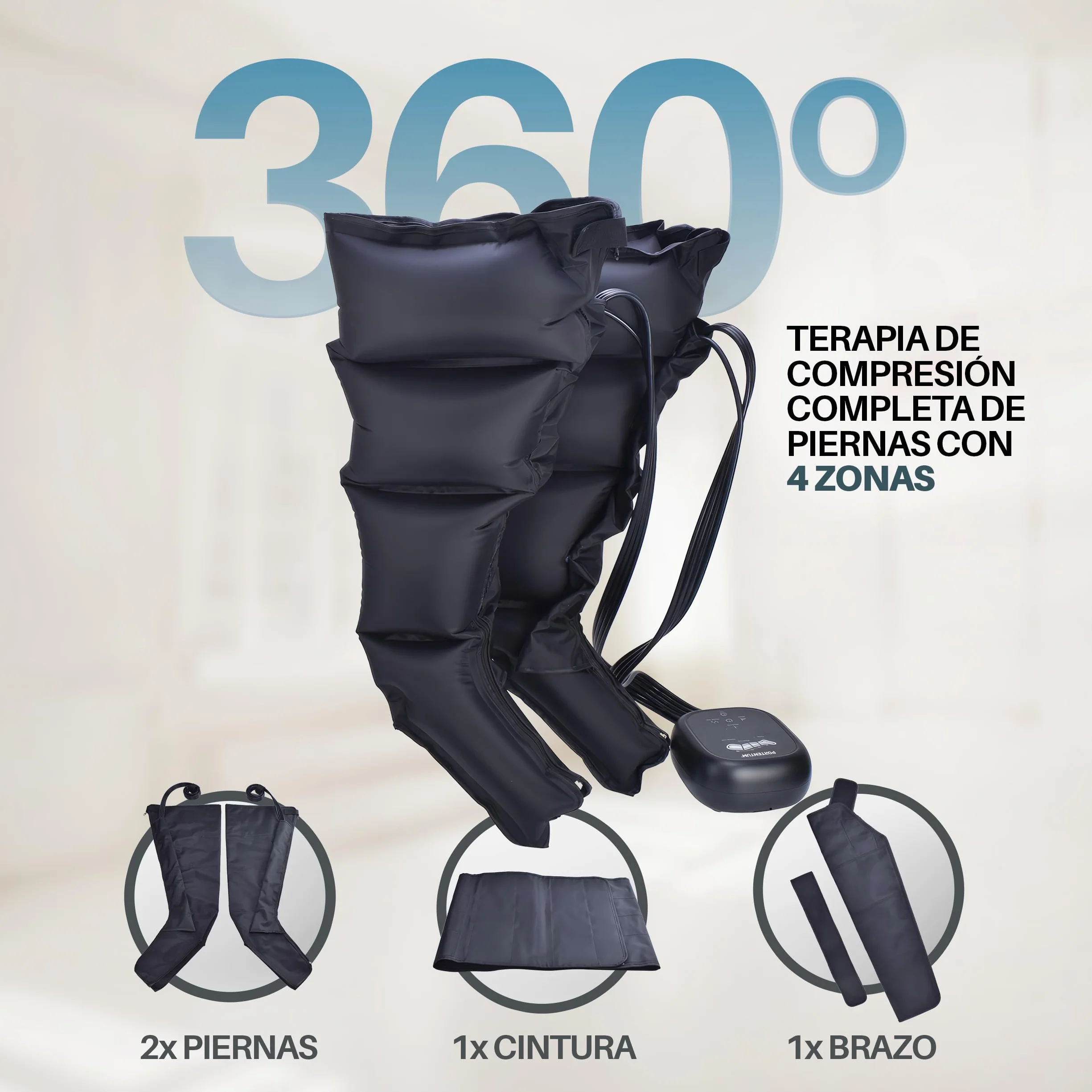 PORTENTUM Presoterapia Masajeador Piernas Abdomen 8 Modos 3 Intensidades Mando LCD USB-C Accesorios Brazo Cintura Bolsa Transporte