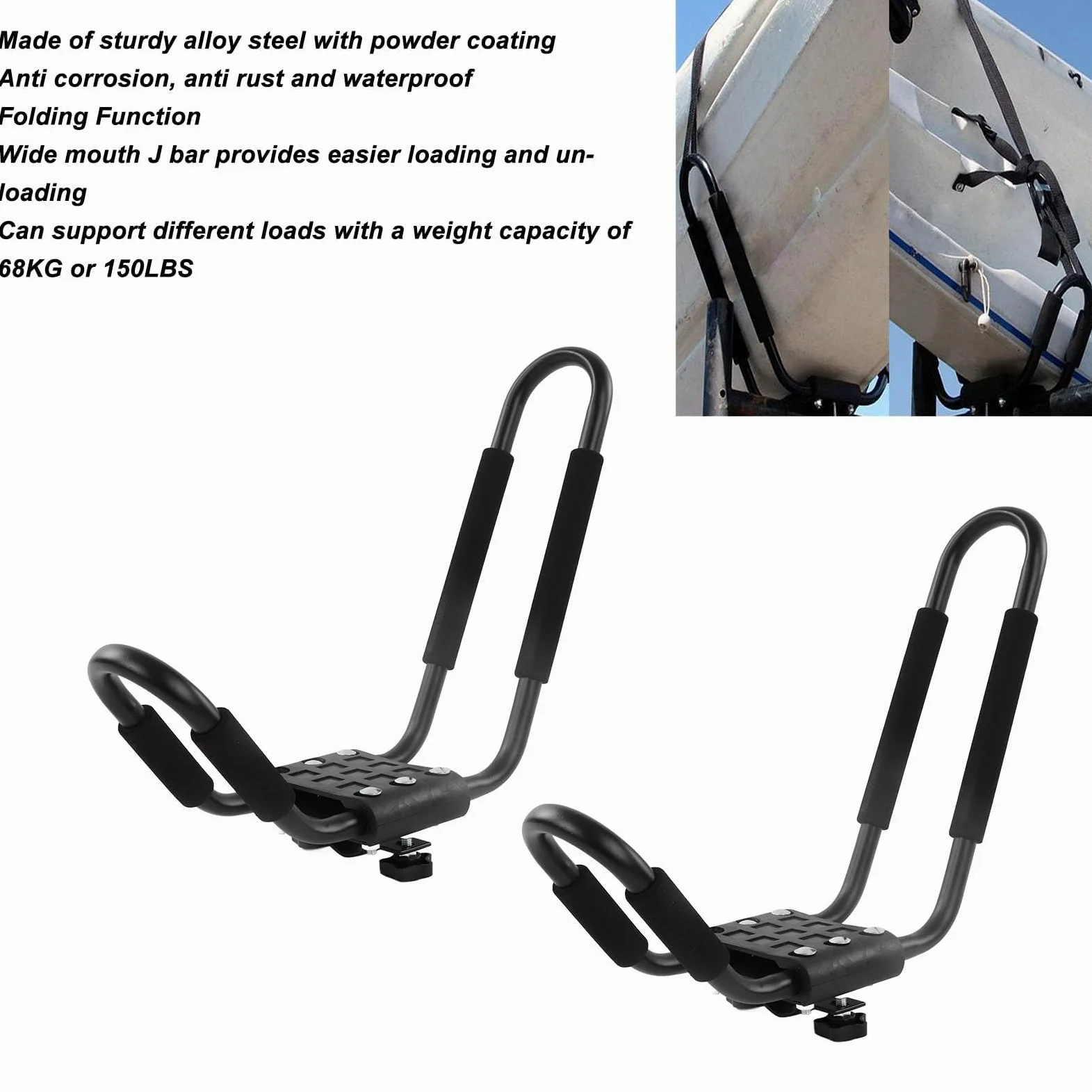2 pares de barras de techo para kayak, soporte para kayak para coche, soporte para barco, soporte J Bar para canoa, tablas de remo, esquí, 68 kg, 150 kg
