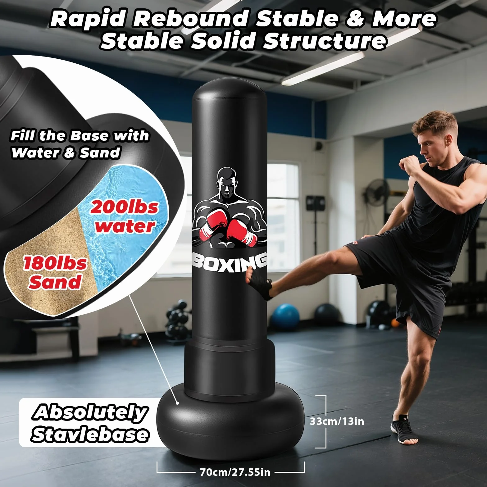 Saco de Boxeo Adultos, 180cm Sacos de Boxeo de Pie on Guantes y Bomba de Aire, Punching Ball Inflable Entrenamiento para Karate, Kickboxing, PVC Fitness Boxeo Regalo Ideal