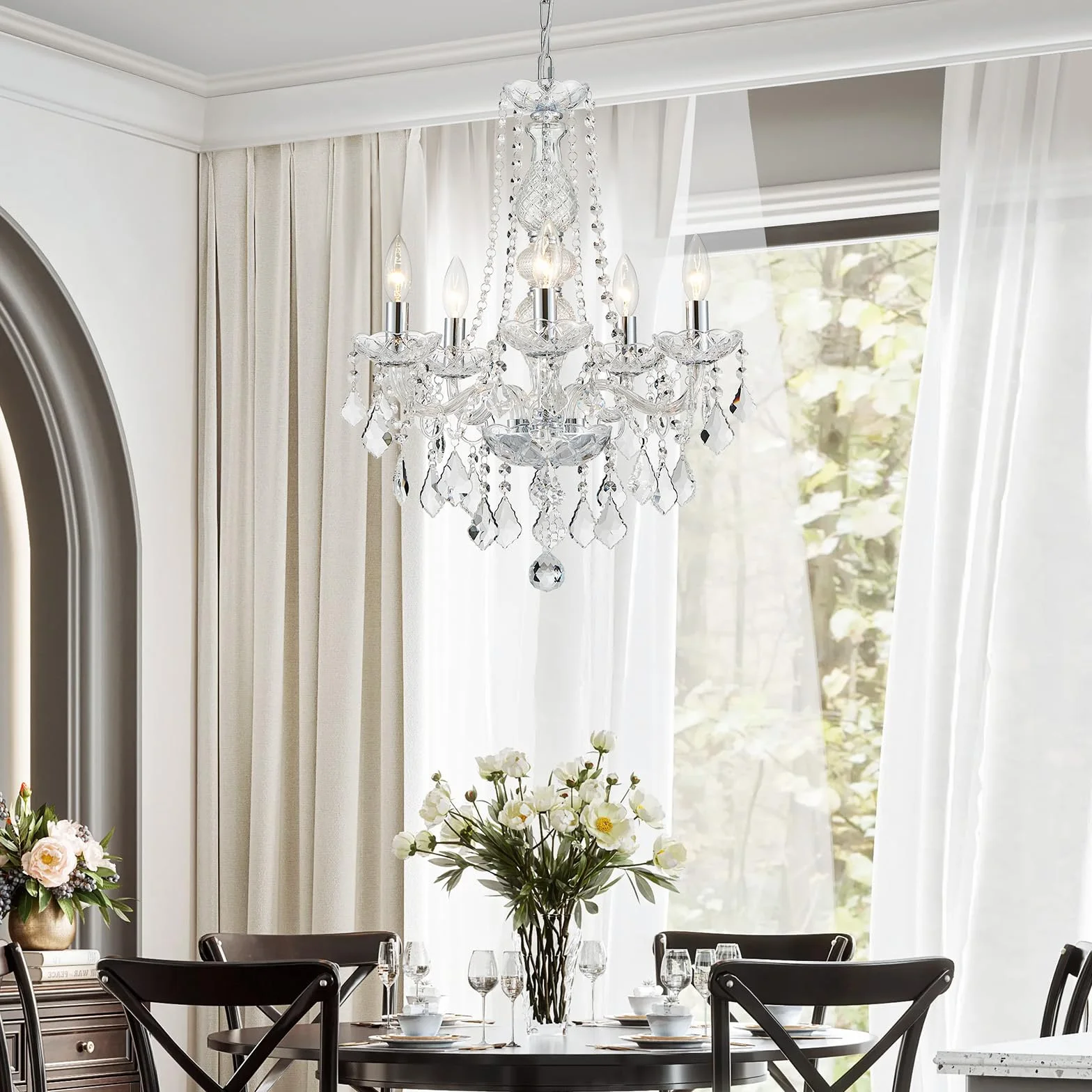 WUZUPS Crystal 5-Light Candle Chandelier Flushmount Chrome Ceiling Light, H 63.5cm x W 50.8cm, E14