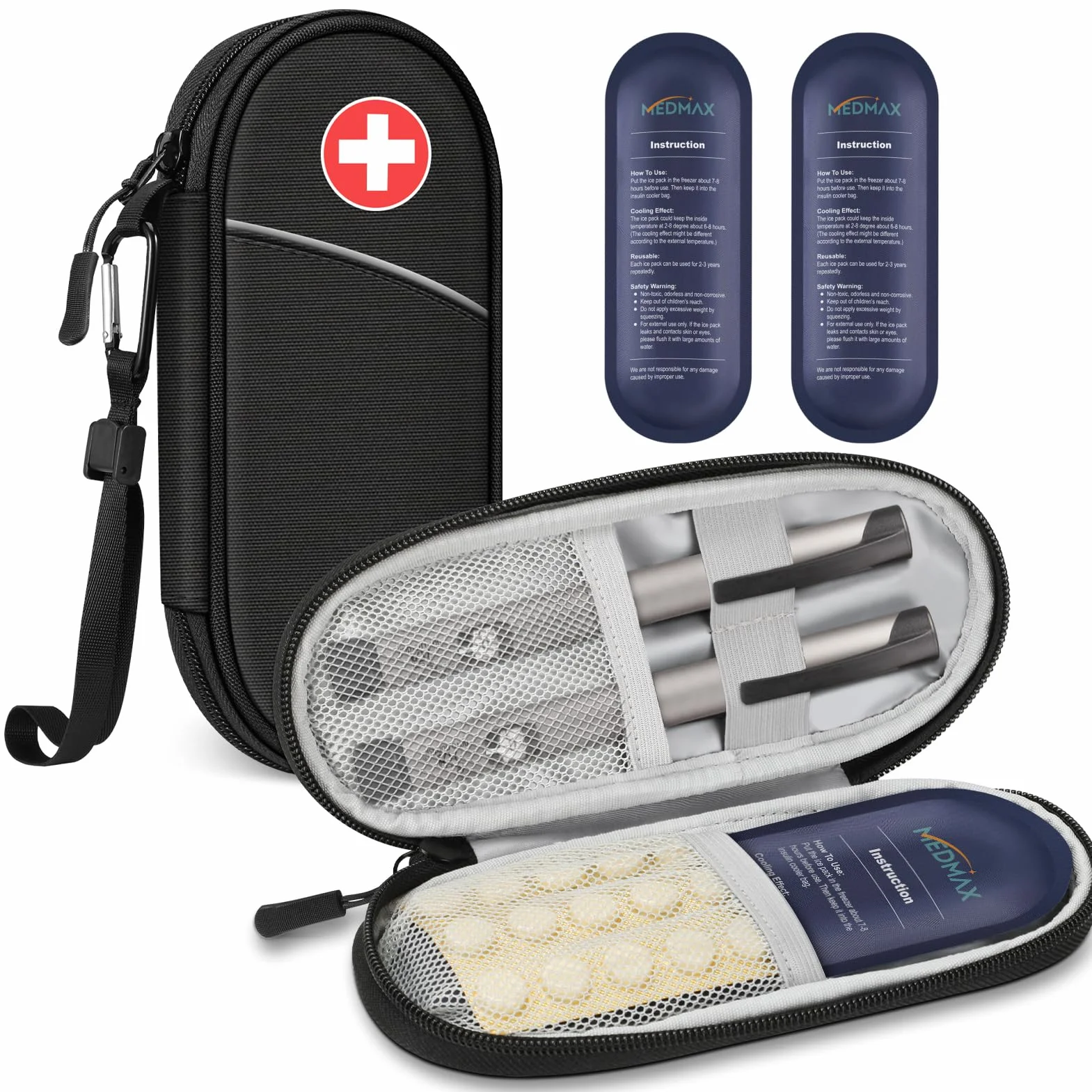 MEDMAX Enfriador Bolsa de Insulina 2 Paquetes de Hielo, Estuche Aislado para Suministros Diabéticos, Negro