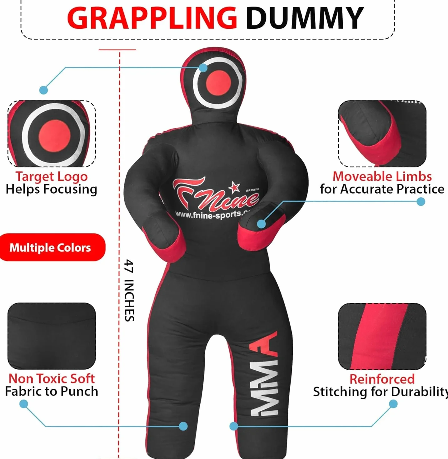 FNine Sports MMA Grappling Dummy, para Judo, Lucha, Jiu Jitsu brasileño, Presentación y Lanzamiento de bolsa de lona sin llenar