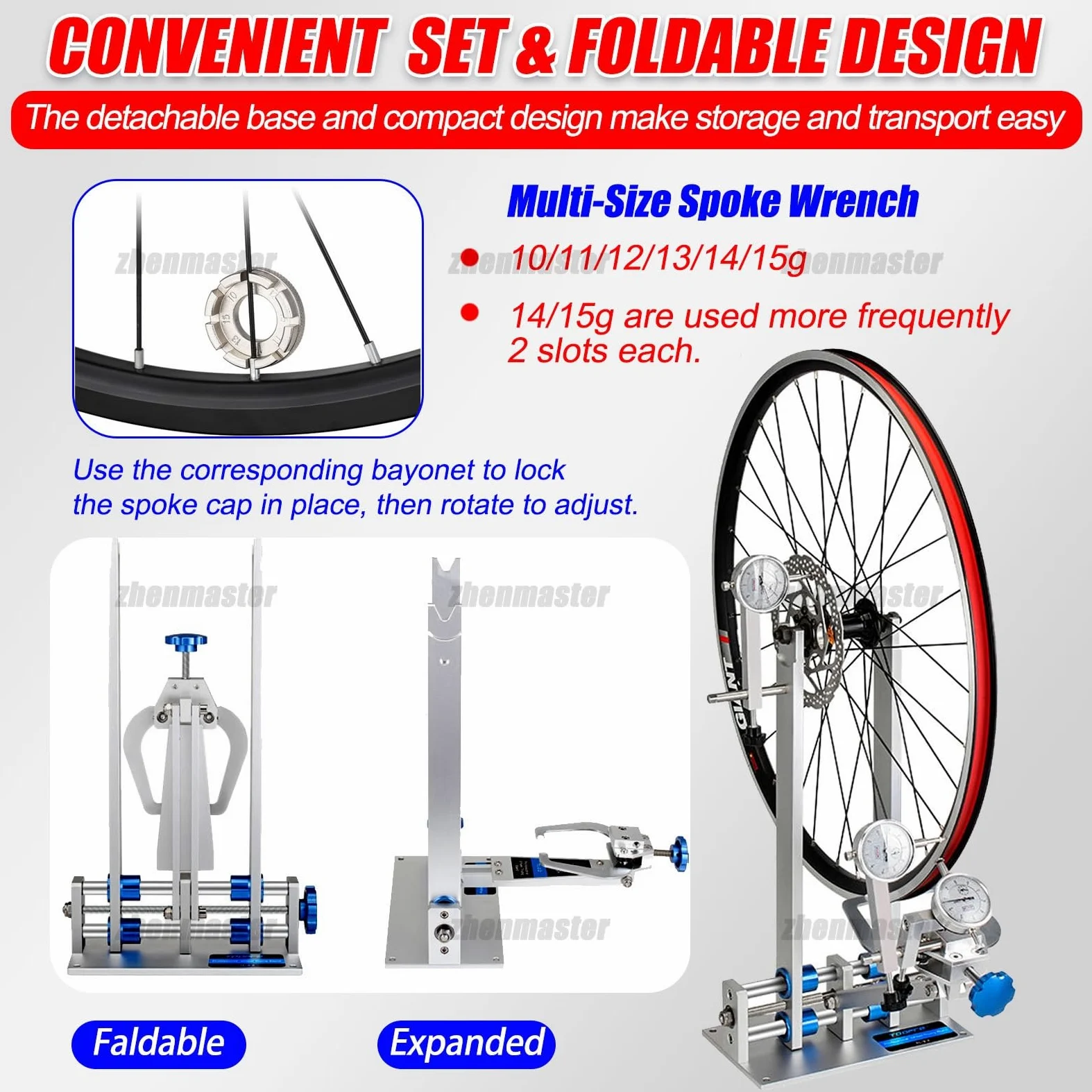Soporte para Centrar Ruedas de Bicicleta, Herramienta Profesional para Reparación de Llantas con 4 Cojinetes y Llave de Radios Multitamaño, Admite Ruedas de 16 a 29 Pulgadas, para Bicicletas(Blue)