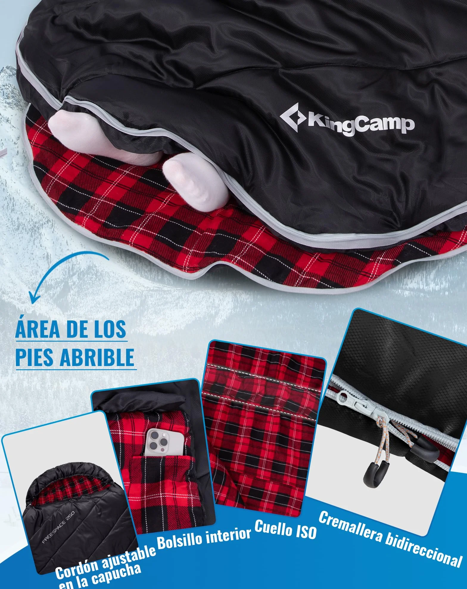 KingCamp Saco de Dormir XXL de Franela de Algodón para Adultos, Saco de Dormir Grande de Invierno para Camping 4 Estaciones, Viajes y Actividades al Aire Libre, 220x100cm