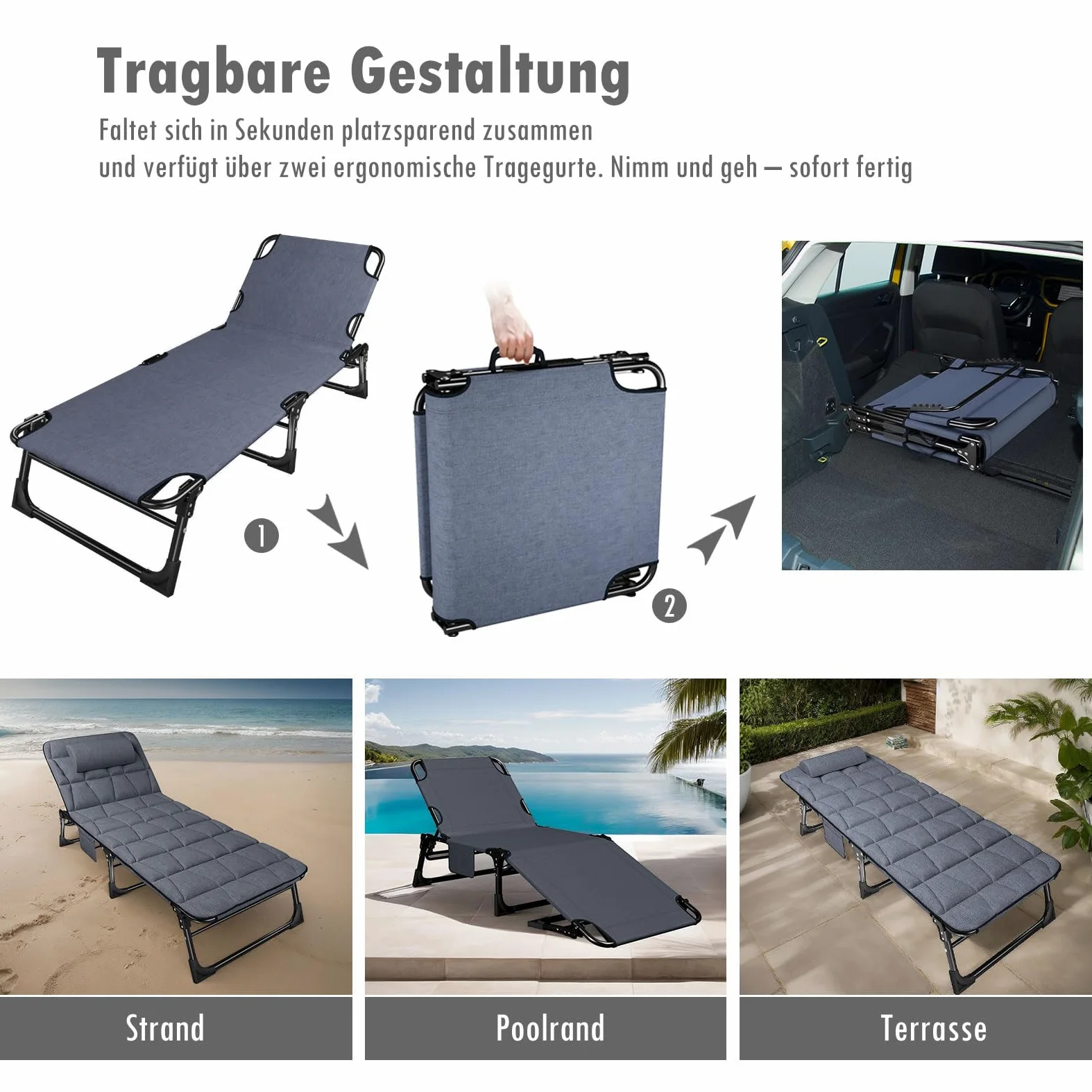 ATORPOK SHOP Tumbona plegable con respaldo ajustable en 5 posiciones, combinación de cama de camping portátil versátil para jardín, piscina, patio, colchón acolchado y cojín – Azul