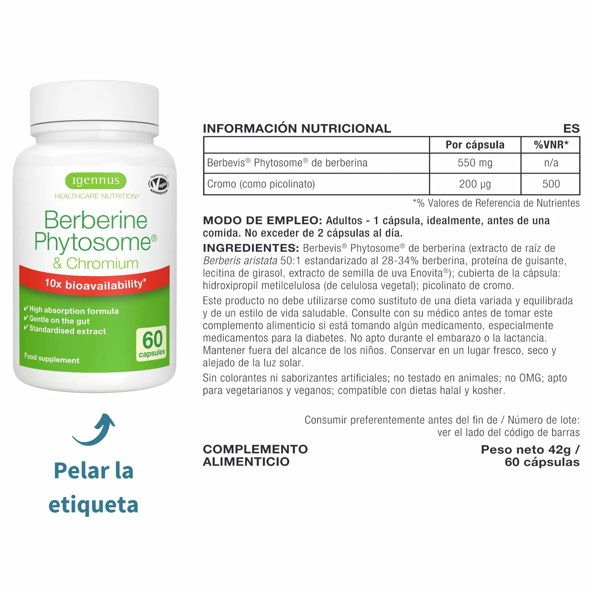 Igennus Berberina 550 mg Fitosomada con Picolinato de Cromo, 60 Cápsulas Veganas