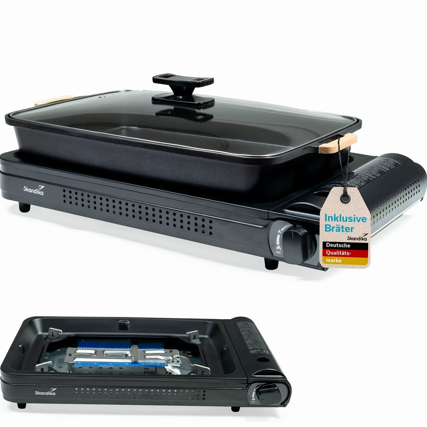 Skandika Hornillo de gas Brann | robusta cocina de camping para cartuchos de gas, maletín de transporte, acero inoxidable, encendido piezoeléctrico (XL con sarten)