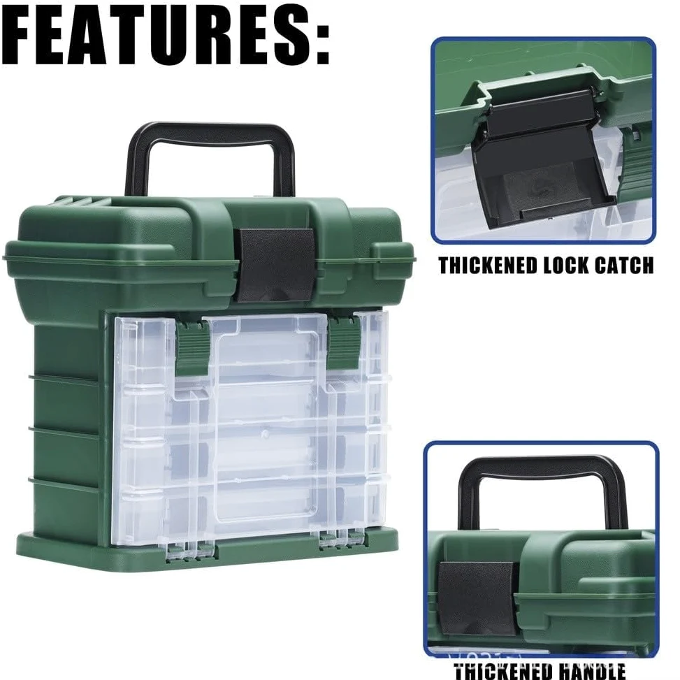 Caja de aparejos de pesca, organizador de almacenamiento impermeable con múltiples compartimentos, funda de plástico PP portátil con asa para señuelos, ganchos y equipo (verde)
