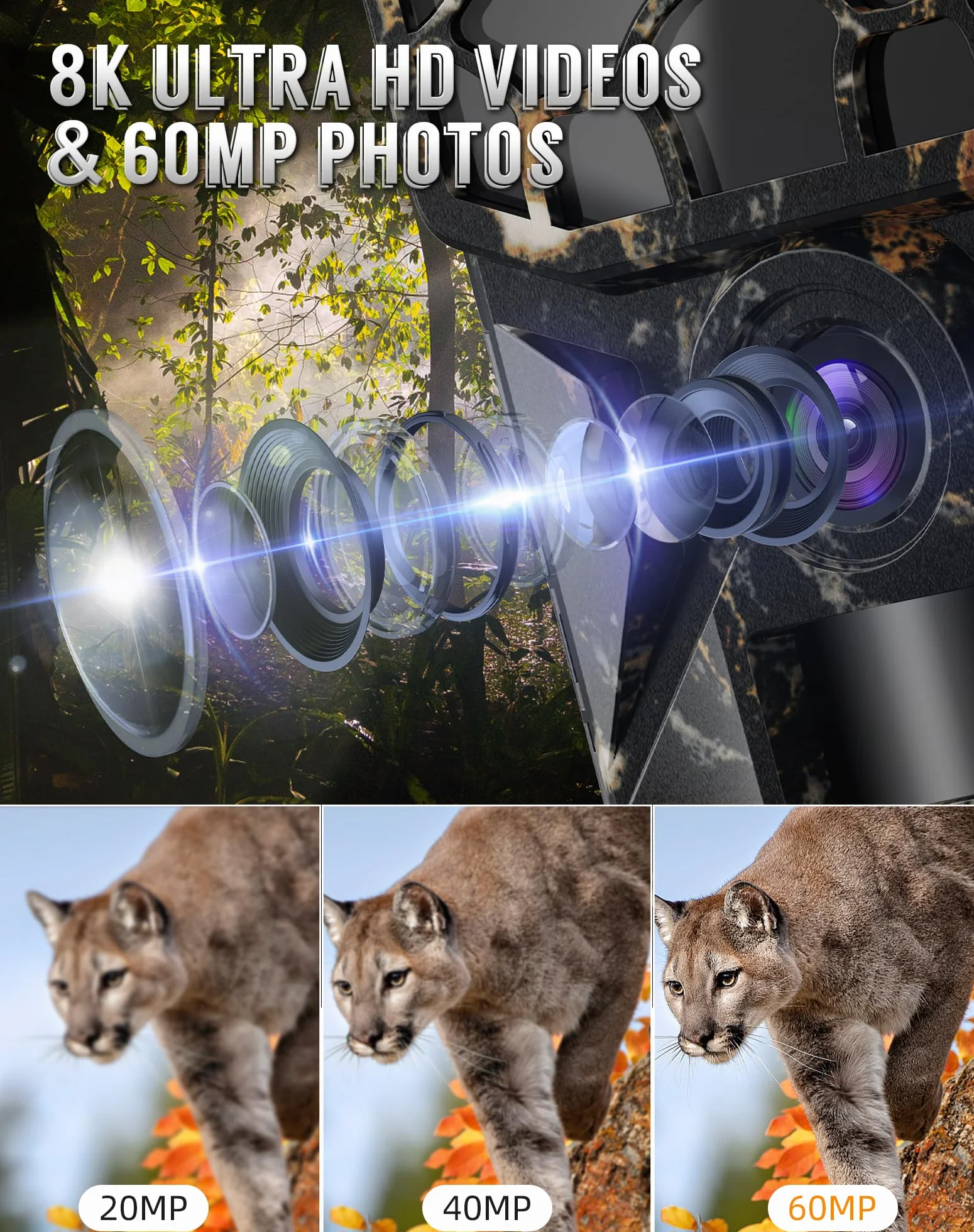 Cámara fototrampeo - Solar 8K 60MP WiFi cámara de caza, activación por movimiento en 0,1 s, rango de detección de 20 metros, visión nocturna HD sin emisión de luz, impermeable IP66, tarjeta de memoria