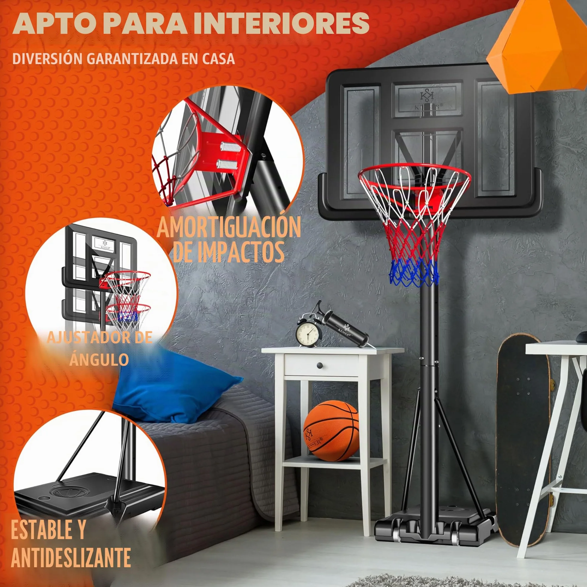 KESSER Canasta de Baloncesto Premium 230-305 cm Altura Regulable Base Ruedas Balón Inflador